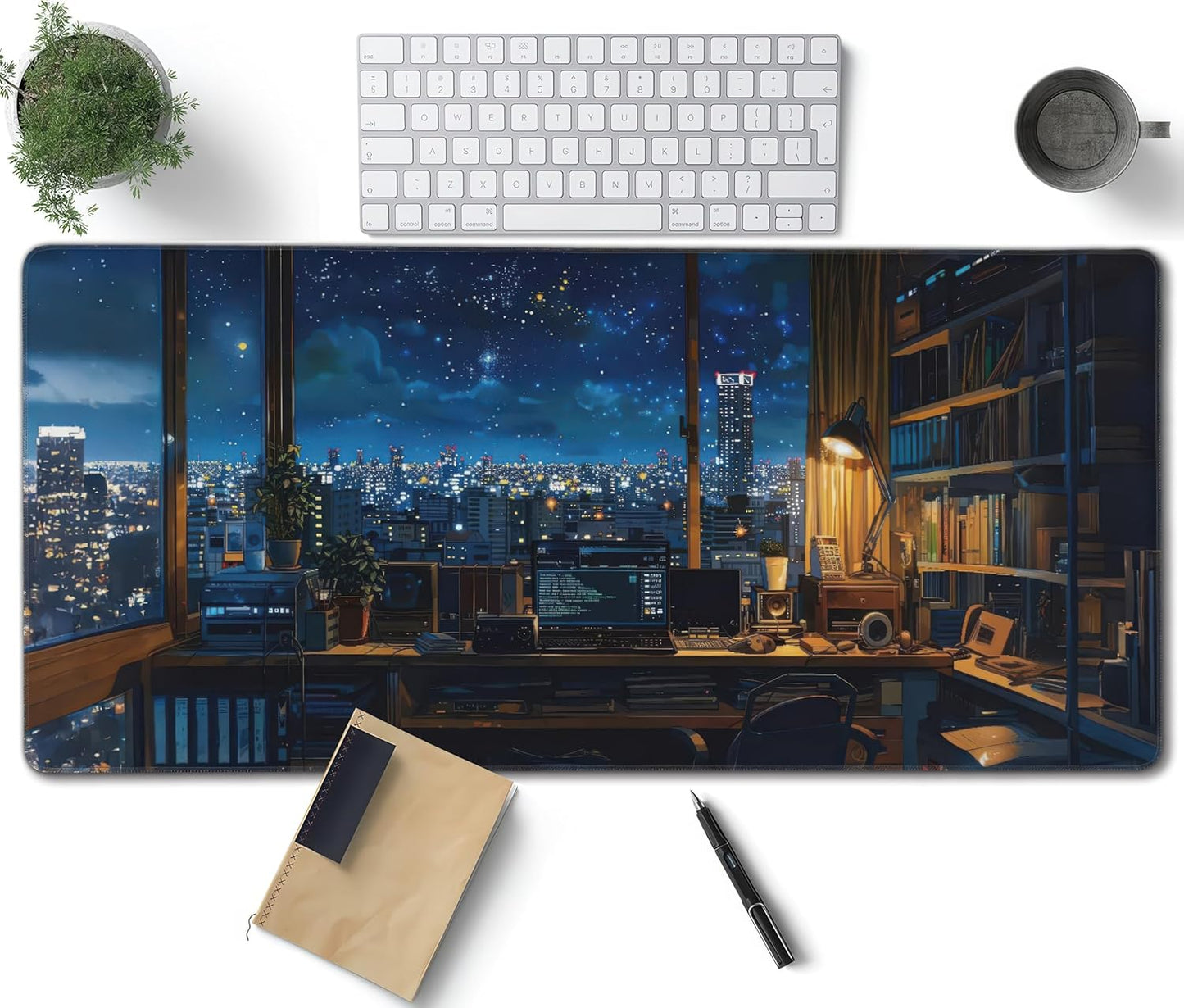 City Night from The Study Window Large Mouse Pad, Anime Style Gaming Desk Mat, XXL Keyboard Desk Pad Mat for Desktop, 35.4"x15.7" Non-Slip Base Big Mousepad with Stitched Edges