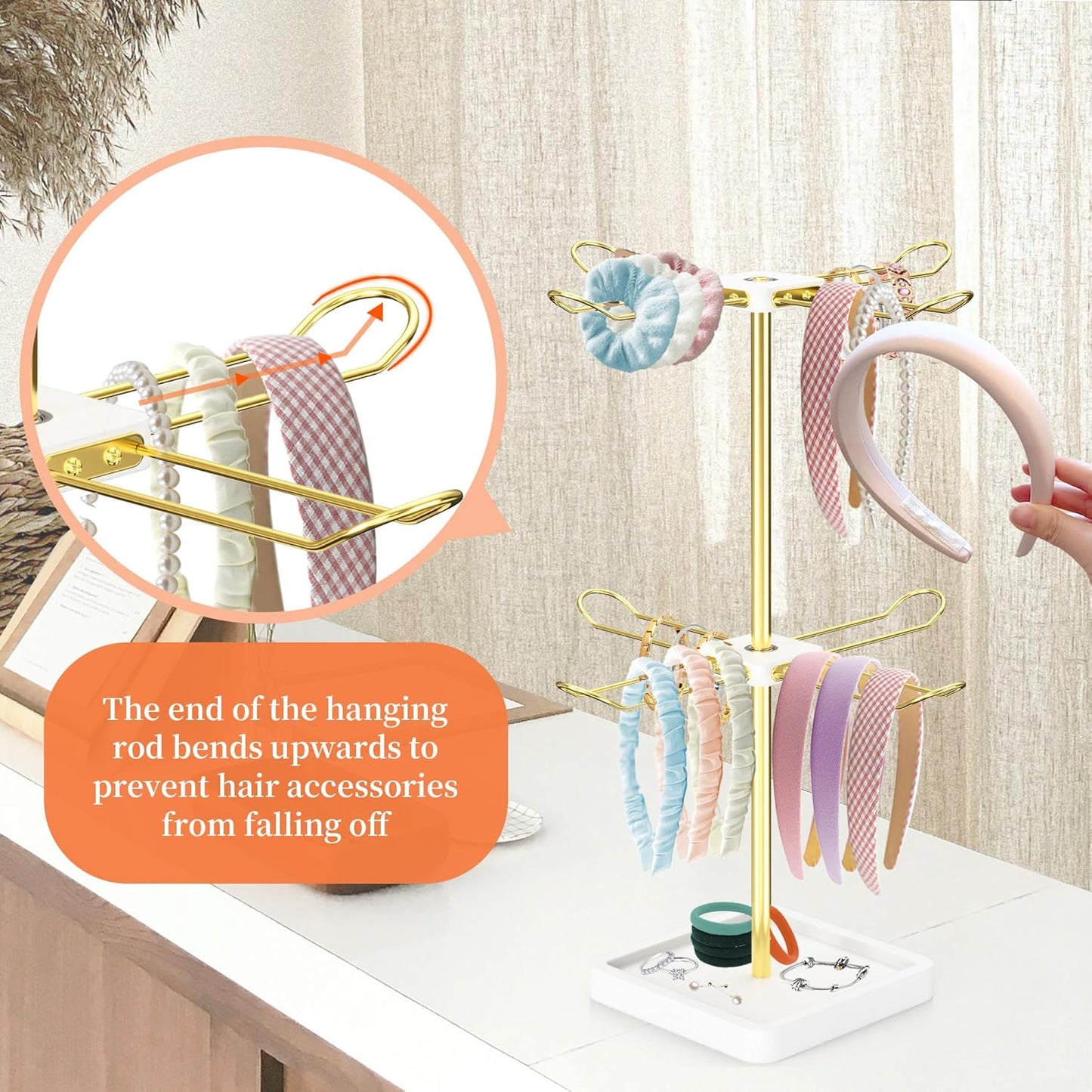 Rotatable Headband Organizer, 2 Tier Head Tie Holder, Hair Hoop Display Stand, Wooden Head Band Storage with 8 Metal Brackets, Scrunchie Rack for Bracelet, Jewelry, Claw Clip (White)