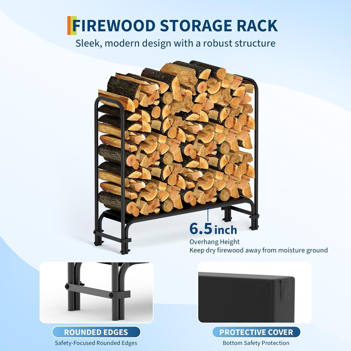 4FT Firewood Rack with Cover, Holders Firewood Outdoor Log Rack with Zipper, 4FT Heavy Duty Indoor Firewoods Storage Log Racks, Black Waterproof Oxford Fabric
