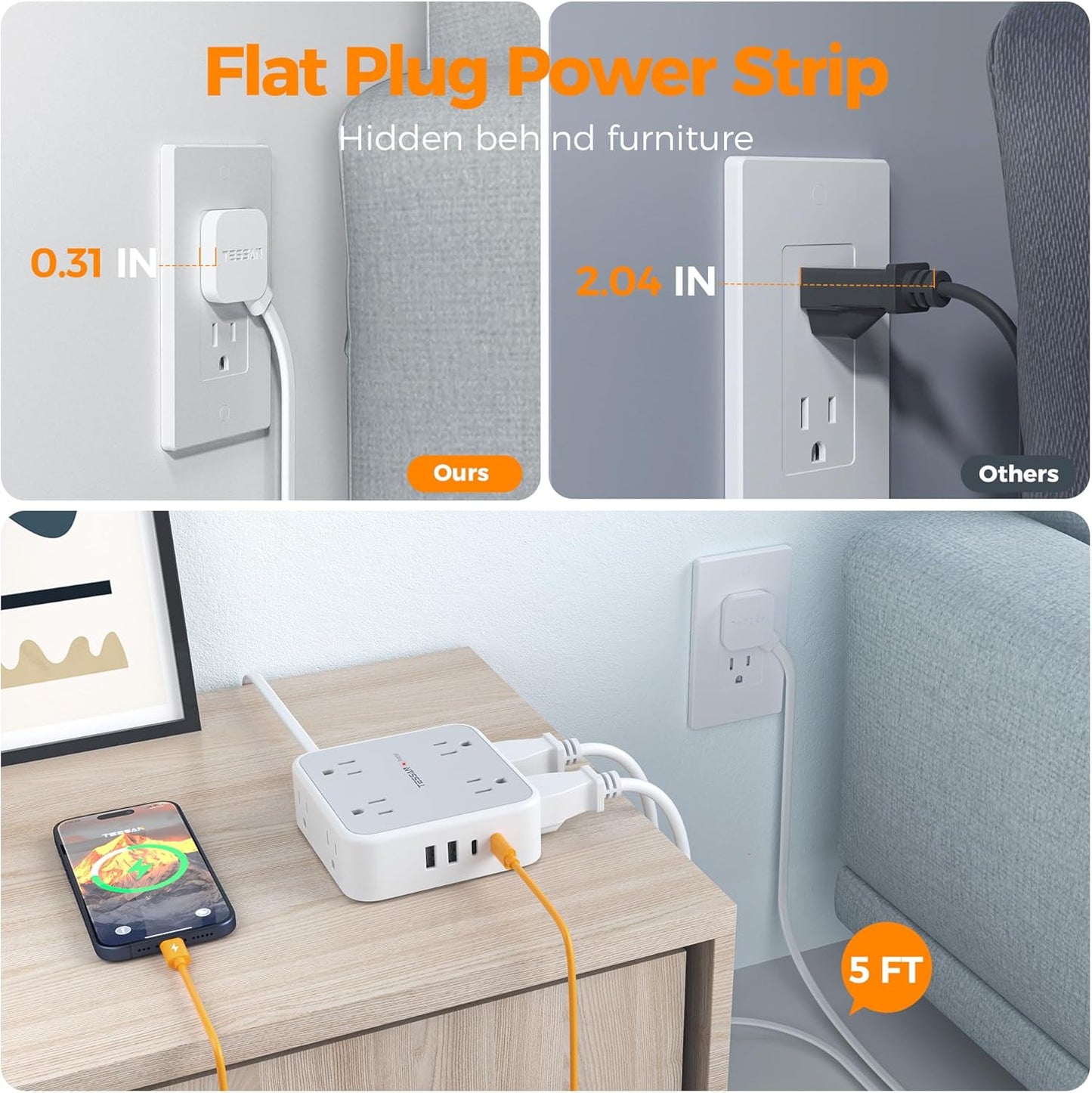 TESSAN Surge Protector Power Strip, 5 FT Extension Cord with Multiple Outlets Flat Plug, 4 USB (2 USB C) and 8 AC Outlets, 900 Joules Protection, Wall Mount Charging Station for Home, Office, Dorm