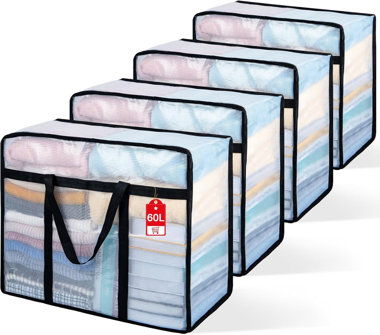 4 Pack Clear Blanket Storage Bags with Zipper, 60L Extra Large Vinyl Foldable Moving Bags Closet Organizers and Storage Containers for Bedding, Blankets, Comforters, Clothing, Toys, Quilt, Duvet