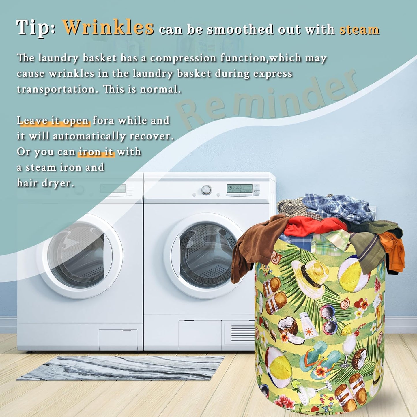 Happy Summer Time Laundry Hamper With Handles Foldable Oxford Cloth Tote Bag Colorful Hawaii Beach Funny Laundry Basket Clothe Toy Storage Bucket 18.9"x16.5"For Bathroom/Laundry/Bedroom
