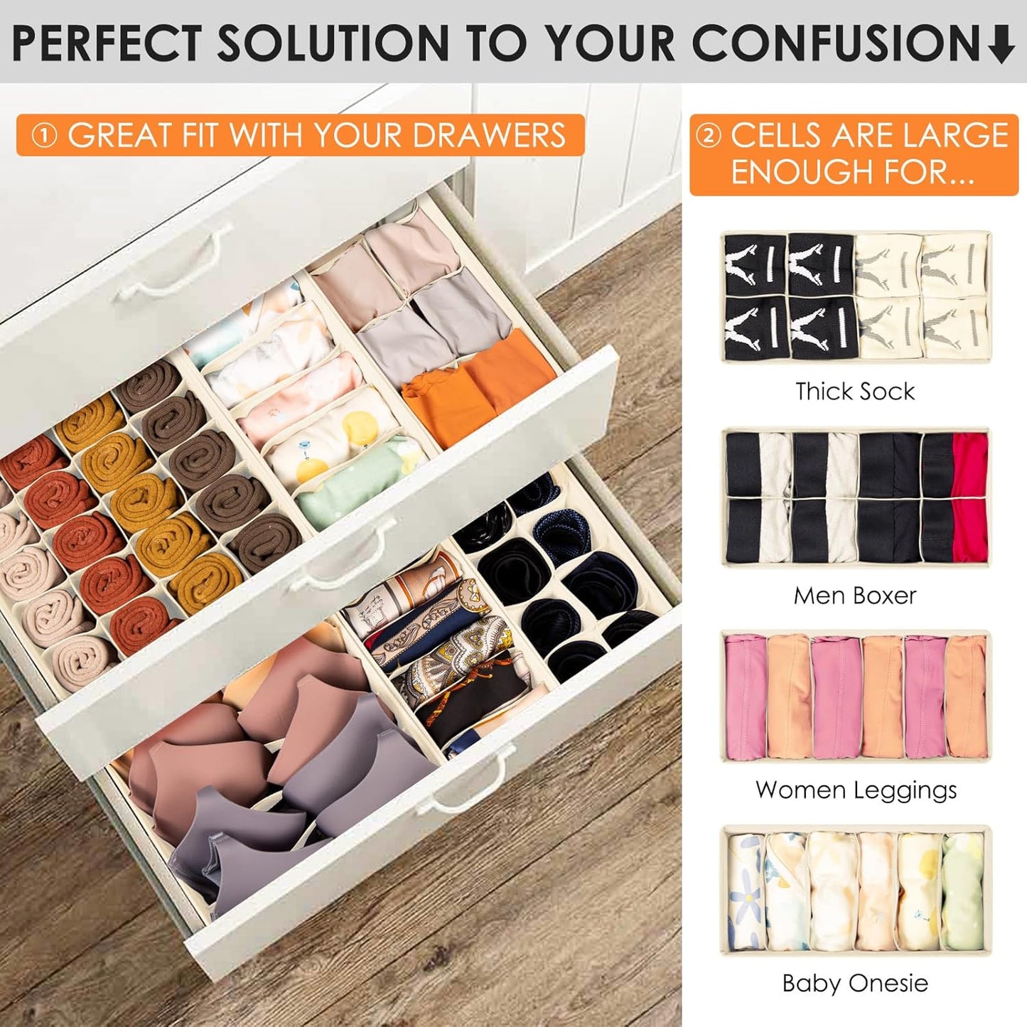 Criusia Drawer Organizer Clothes, 16 Pack Dresser Organizer Bins for Baby Clothes, Underwear Sock, Fabric Closet Organization and Storage Dividers for Nursery Bedroom (96 Compartments, Beige)
