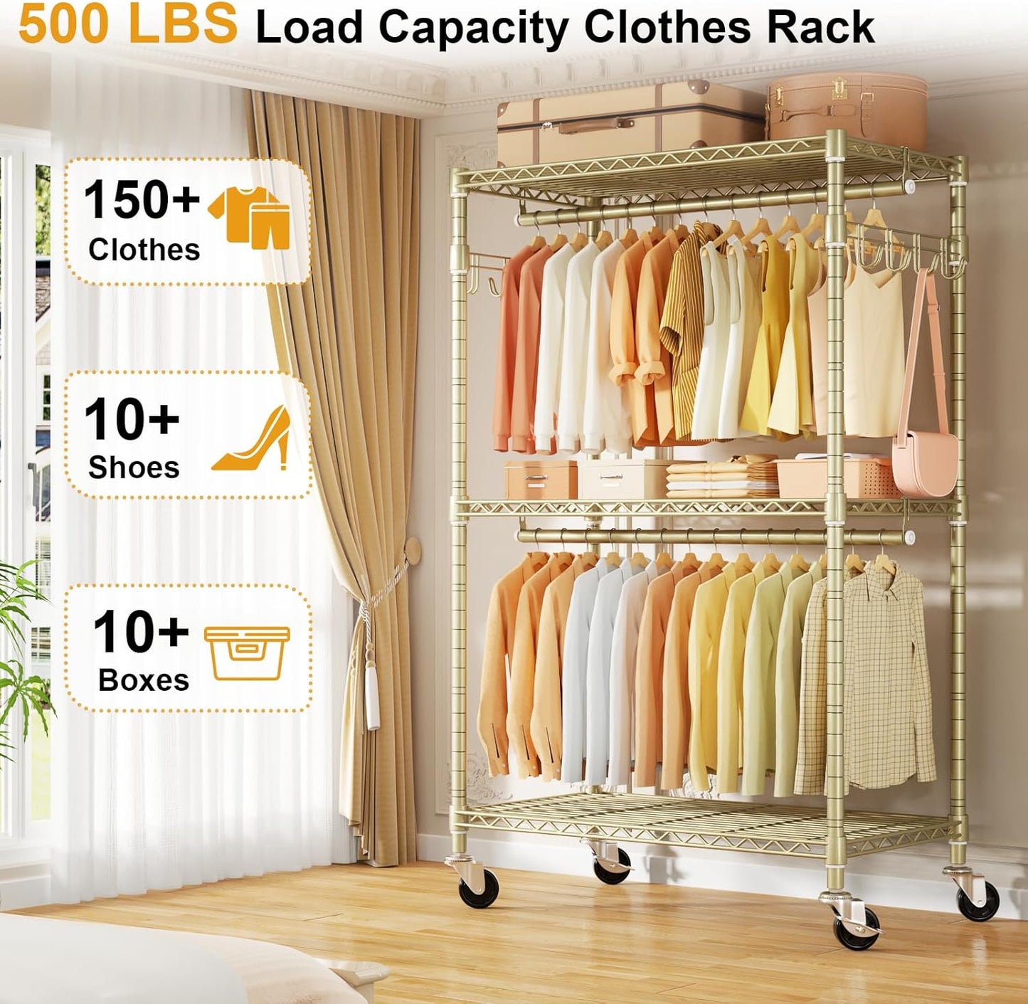 P1 Rolling Clothes Rack, Portable Wardrobe Closet with Wheels, Heavy-Duty Closet Clothing Rack for Hanging Clothes, 35.5" W x 15.7" D x 80.5" H, Hold 500lbs, Gold