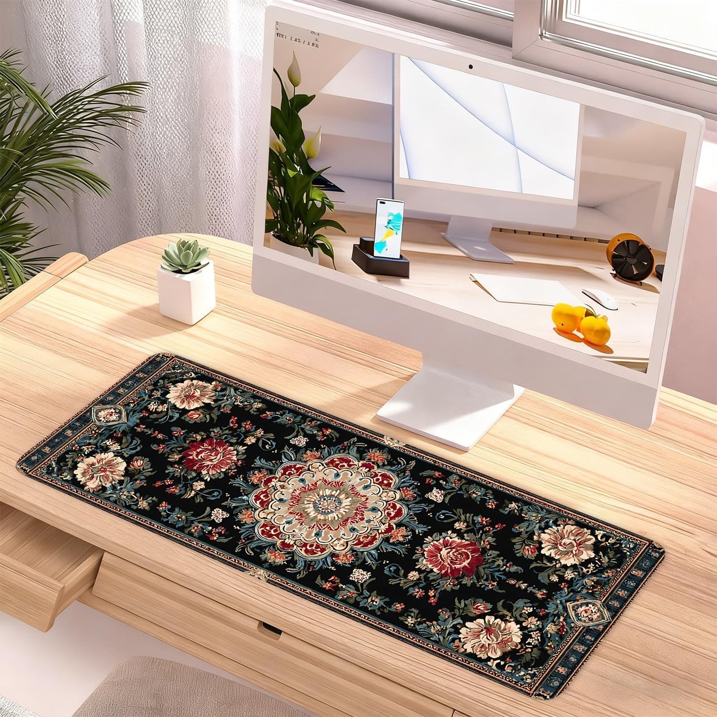 Vintage Persian Carpet Mouse Pad – Large Extended Desk Mat 31.5 x 11.8 in – Oriental Floral Rug Design, Non-Slip Rubber Base, Stitched Edges, Soft Keyboard & Mouse Mat for Office or Gaming