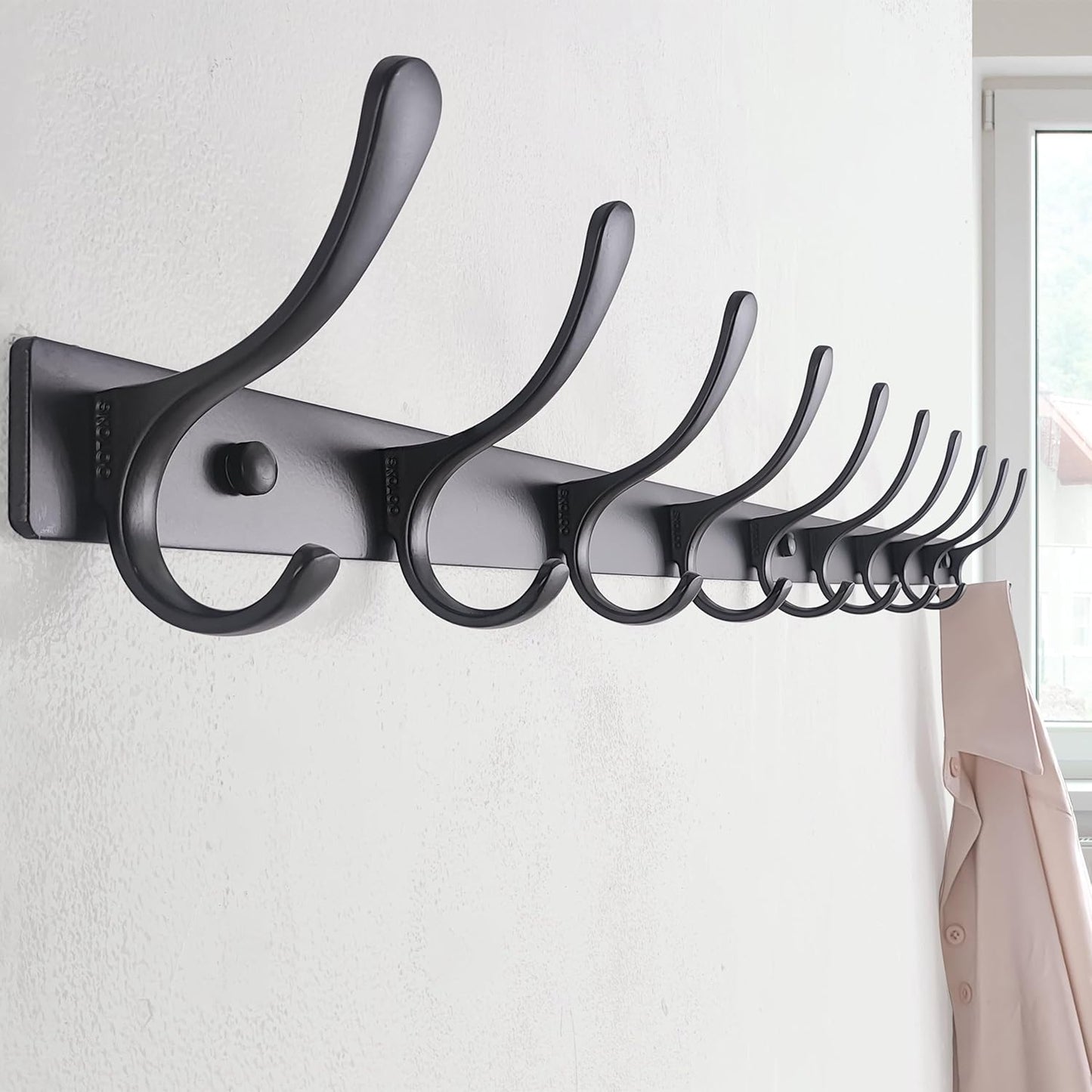 SKOLOO Coat Rack Wall Mounted - 10 Hooks, Heavy Duty, Stainless Steel, Metal Wall Hangers, Sturdy Coat Hooks for Hanging Coats, Jacket, Clothes, Hat, Black