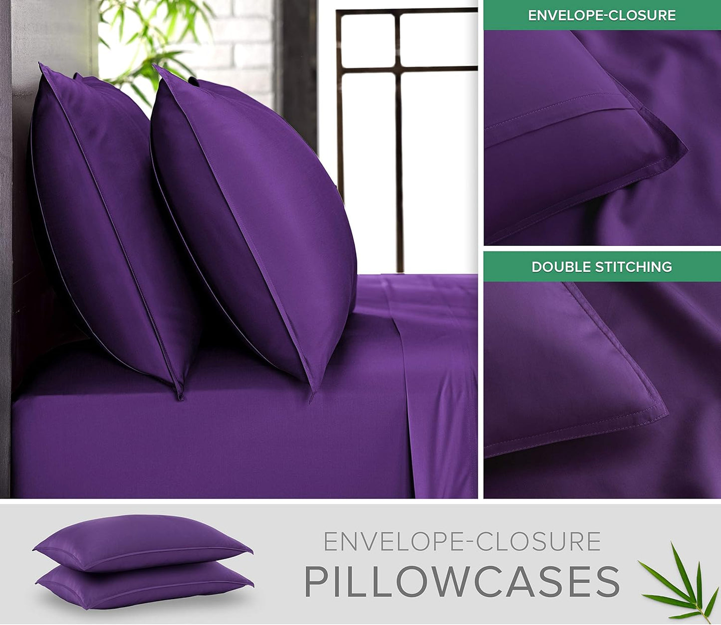 King Pillowcases by Pure Bamboo, Genuine 100% Organic Viscose Derived from Bamboo, Luxuriously Soft & Cooling, Double Stitching, Envelope Closure (2 King Pillowcases, Purple)