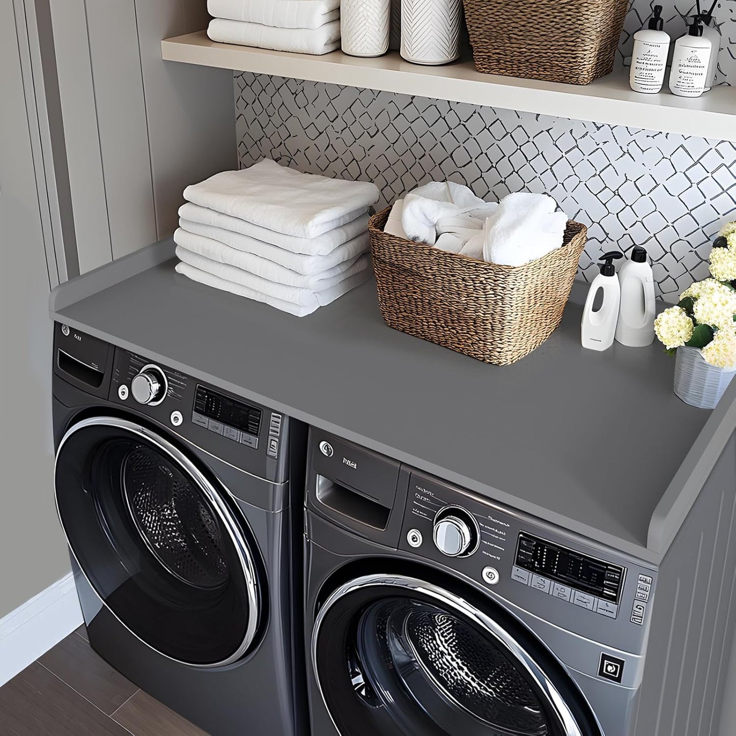 Kaboon Washer Dryer Countertop, Melamine Countertop with 2" Edge Rails - 27.5" Depth x 54" Width Laundry Room Organization, Grey