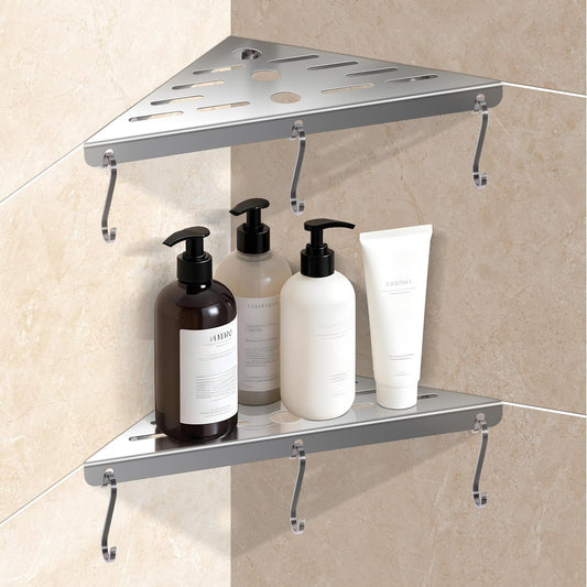 Shower Corner Shelf 304 Stainless Steel Shower Caddy 2 Tier Shower Organizer Niche Extra 6 Hangers Shelves 40 lbs Large Capacity Bathroom Storage for Inside Anti-Rust Drilling Installation(Silver)