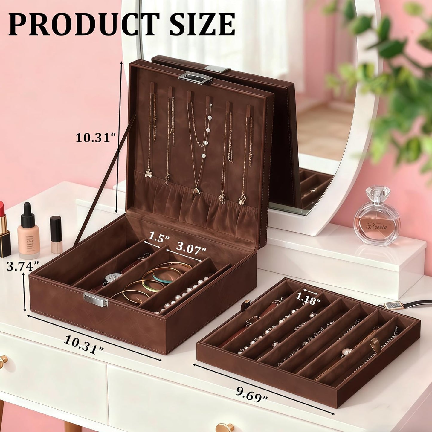 BEWISHOME Necklace Organizer Box, 2-Layer Jewelry Box to Save Space, Modern Style Necklace Storage Box, Brown Necklace and Bracelet Holder for Women, Girls, SSH31Z