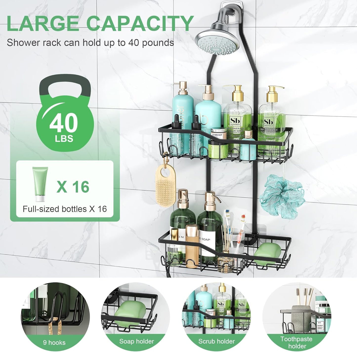 Shower Caddy Hanging,Rustproof Anti-Swing Shower Organizer,Hanging Bathroom Caddy,Bathroom Organizer with 18 Hooks for Razor/Sponge