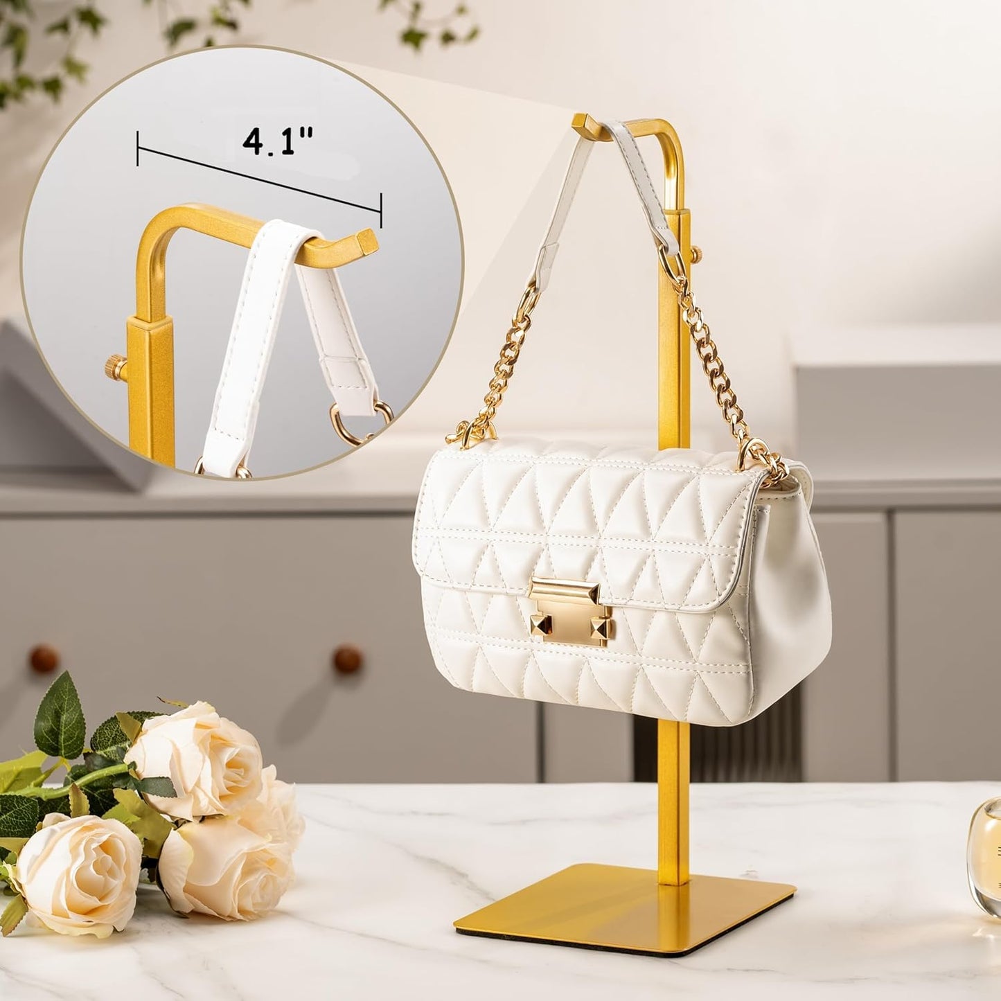 3 Pack Purse Holder Handbag Display Stand: Gold Hanger Rack for Bags, Purses, and Wreath, Adjustable Hook Stand for Tabletop, Closet, and Retail Use for Vendors