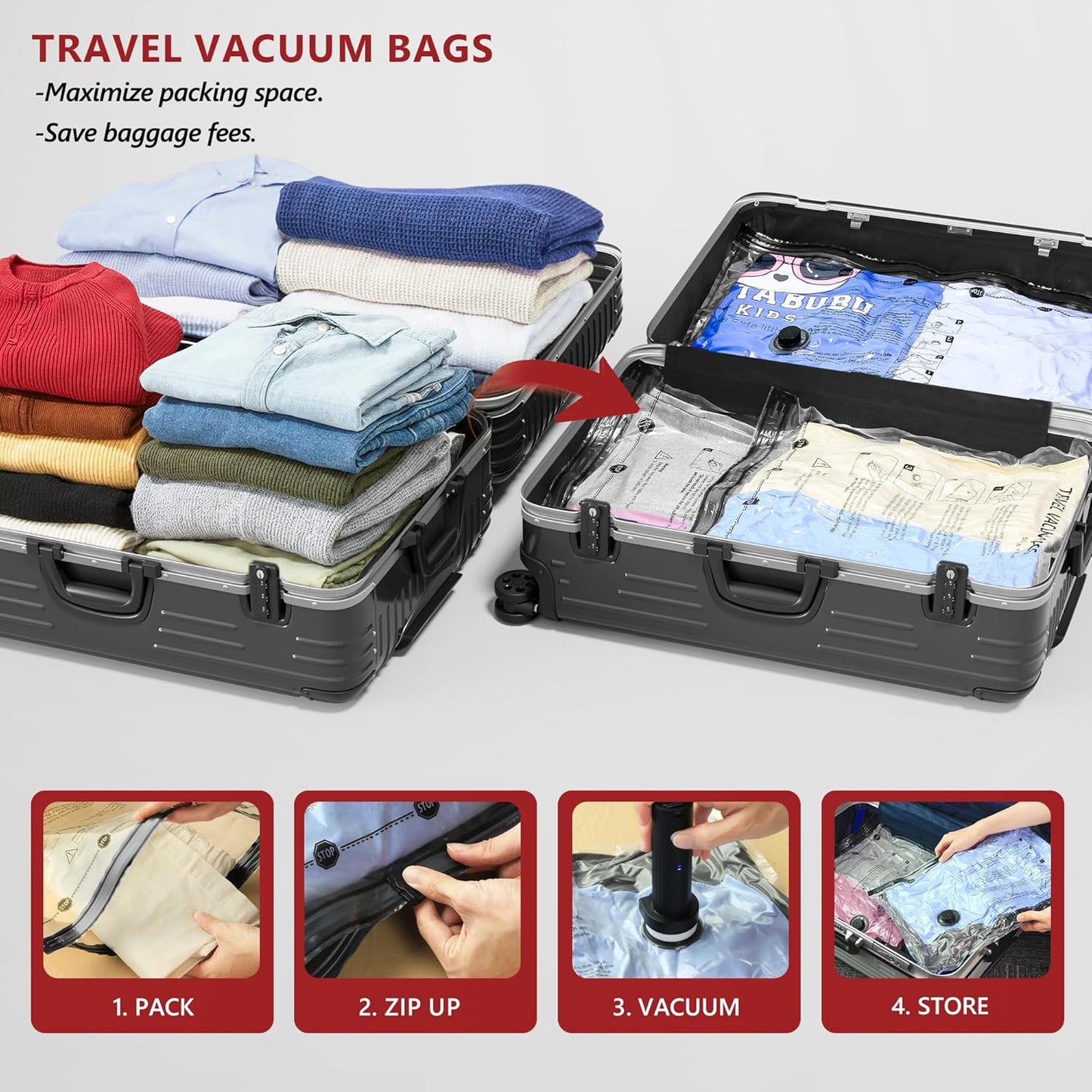 12 Pack Travel Vacuum Storage Bags for Clothing with Rechargeable Electric Pump, Compression Packing Cubes Organizer for Luggage Suitcase, Space Saver Seal Bags for Vacation Cruise
