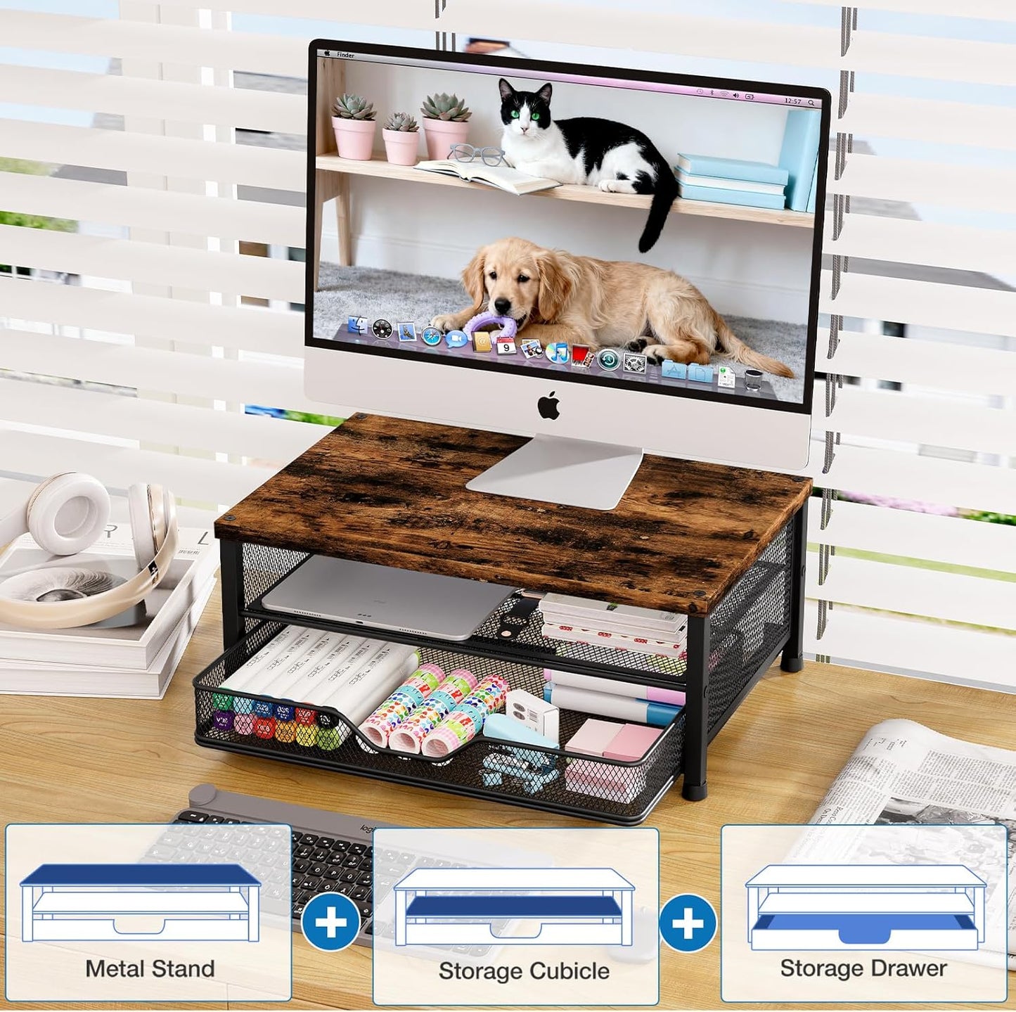 OPNICE Computer Monitor Stand Riser, Desk Organizer with Drawer, Laptop Stand, Office Desk Accessories & Workspace Desktop Organizers Storage for Office Supplies(Brown)