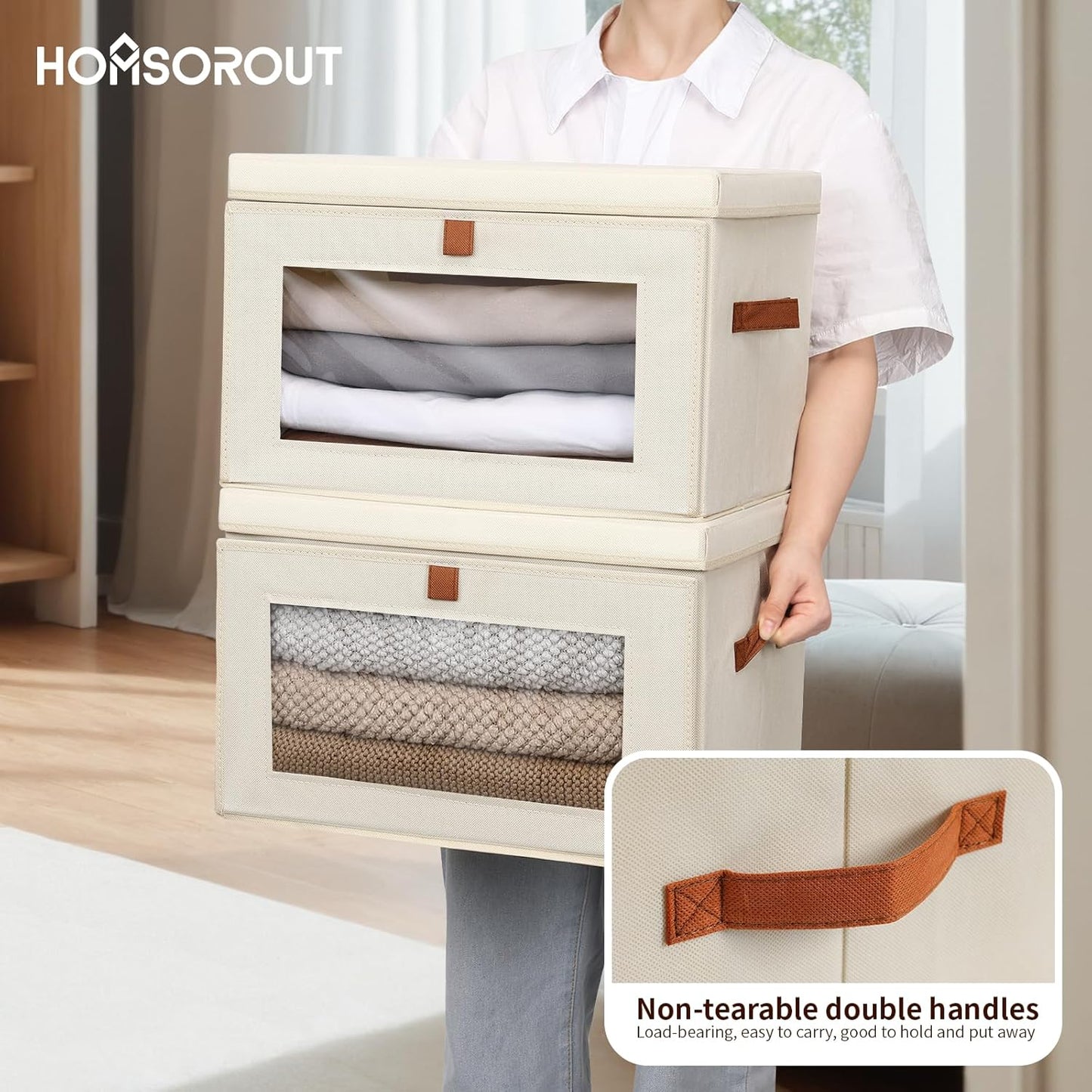 Large Closet Storage Bins - Collapsible Storage Bins with Handles & Window, Decorative Boxes with Lids, Fabric Cubes for Living Room, Dorm, 1 Pack, Beige