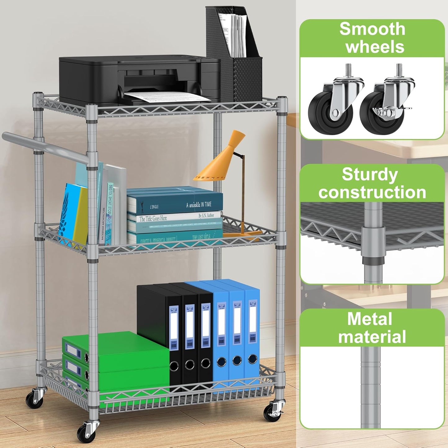 3 Tier Rolling Utility Carts with Wheels Heavy Duty Storage Cart 750Lbs Capacity Adjustable Kitchen Metal Organizer Cart with Handle & Shelf Liner Commercial Service Trolley for Indoor & Outdoor Use