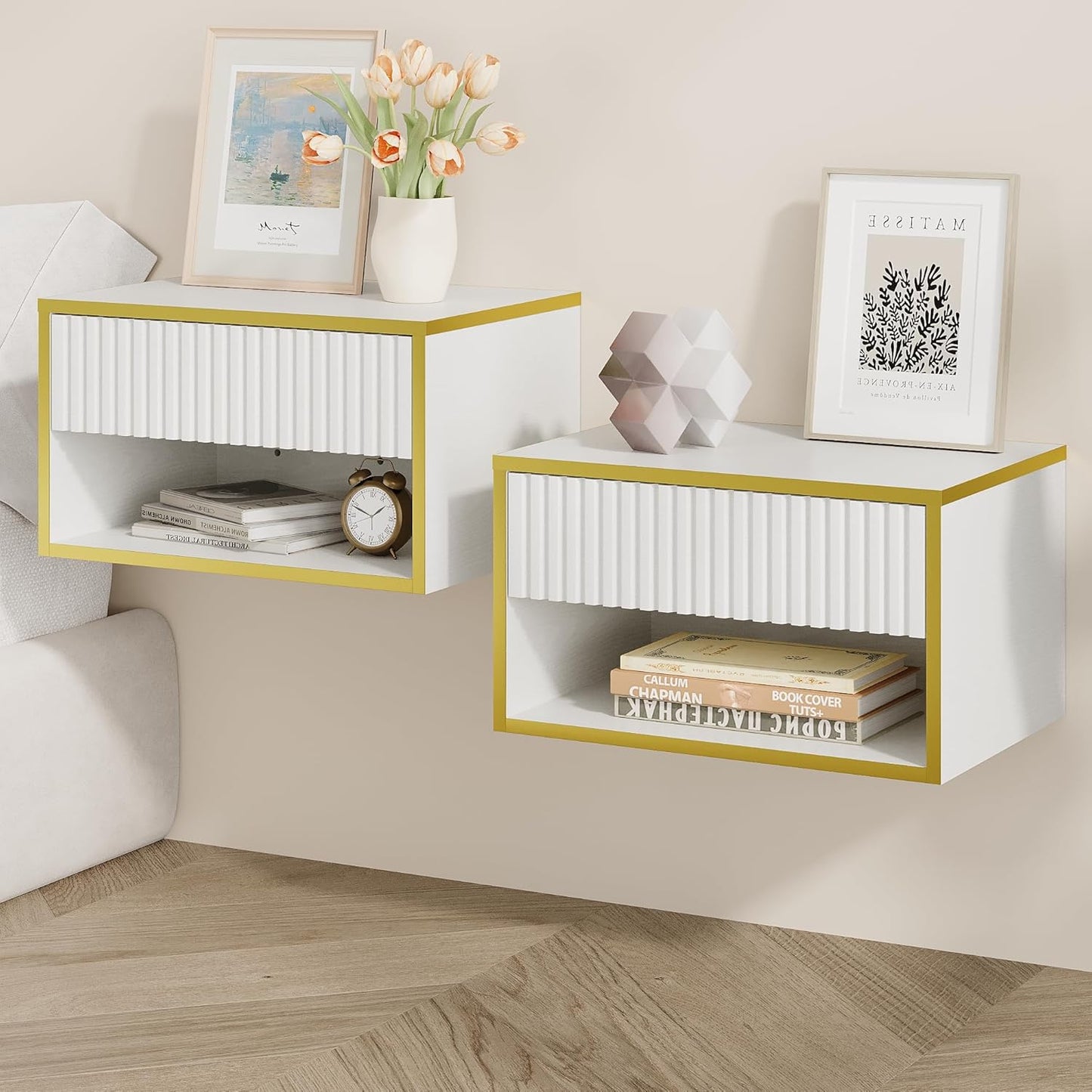 4ever2buy Floating Nightstand Set of 2, Modern Wall Mounted Nightstand with Open Shelf and Fluted Drawer, White and Gold Night Stand for Bedroom, White