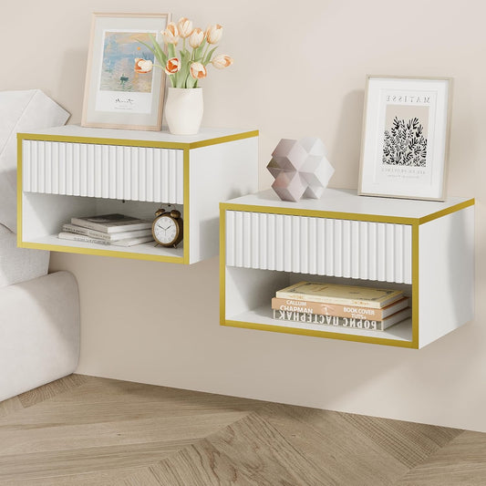 4ever2buy Floating Nightstand Set of 2, Modern Wall Mounted Nightstand with Open Shelf and Fluted Drawer, White and Gold Night Stand for Bedroom, White