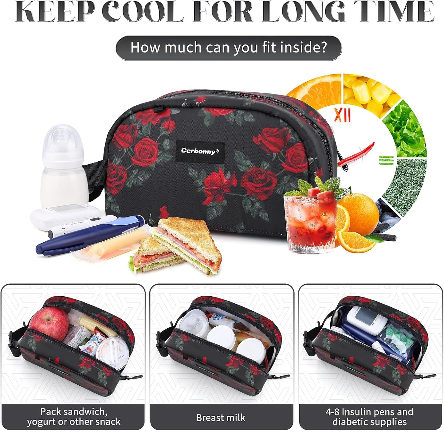 Cerbonny Reusable Lunch Bag, Freezable Insulated Cooler Bag for Work School Travel, Leak-Proof, 2.5L, Rose Flower, Floral Pattern