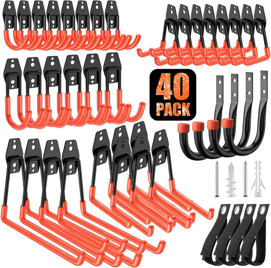 40 Pack Heavy Duty Garage Hooks,Solid Steel Wall Mount Hangers,with Anti-Slip Coating,for Hanging and Organising Ladder,Bike,Ropes,Broom,Garden,Yard and Power Tools