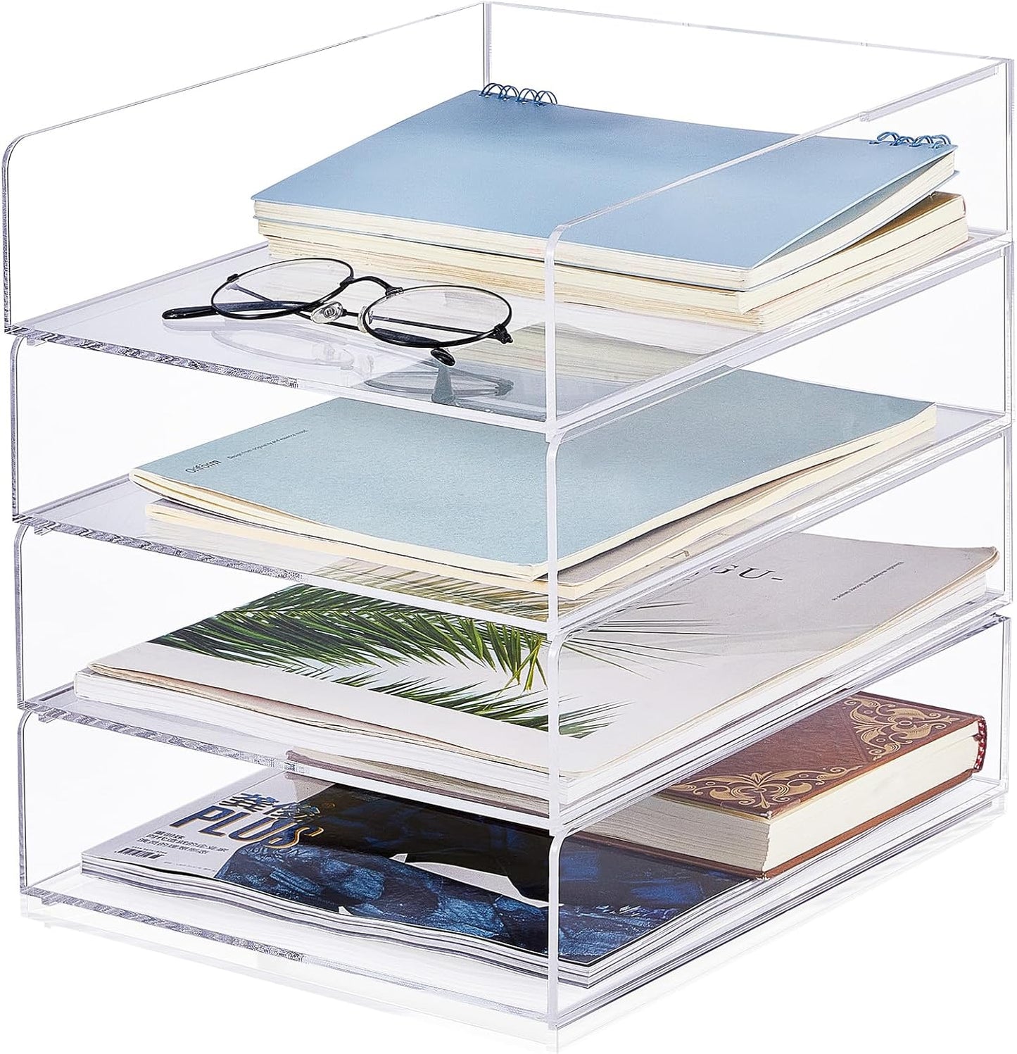 Harloon 4 Tier Acrylic Paper Tray 12 x 9.3 x 2.7 Inches Stackable Letter Clear Organizer No Need to Assemble Acrylic Paper File Organizer for Office Workspace Desktop Storage(Transparent)