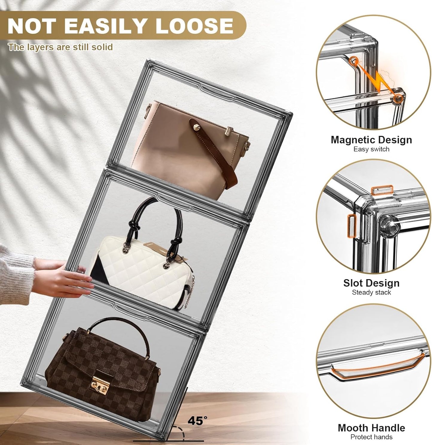 4 Pack Handbag Storage Organizer for Closet, ULENDIS Transparent Gray Acrylic Display Case for Handbag Purse, Stackable Storage Organizer with Magnetic Door for Wallet Book Cosmetic Toys Display