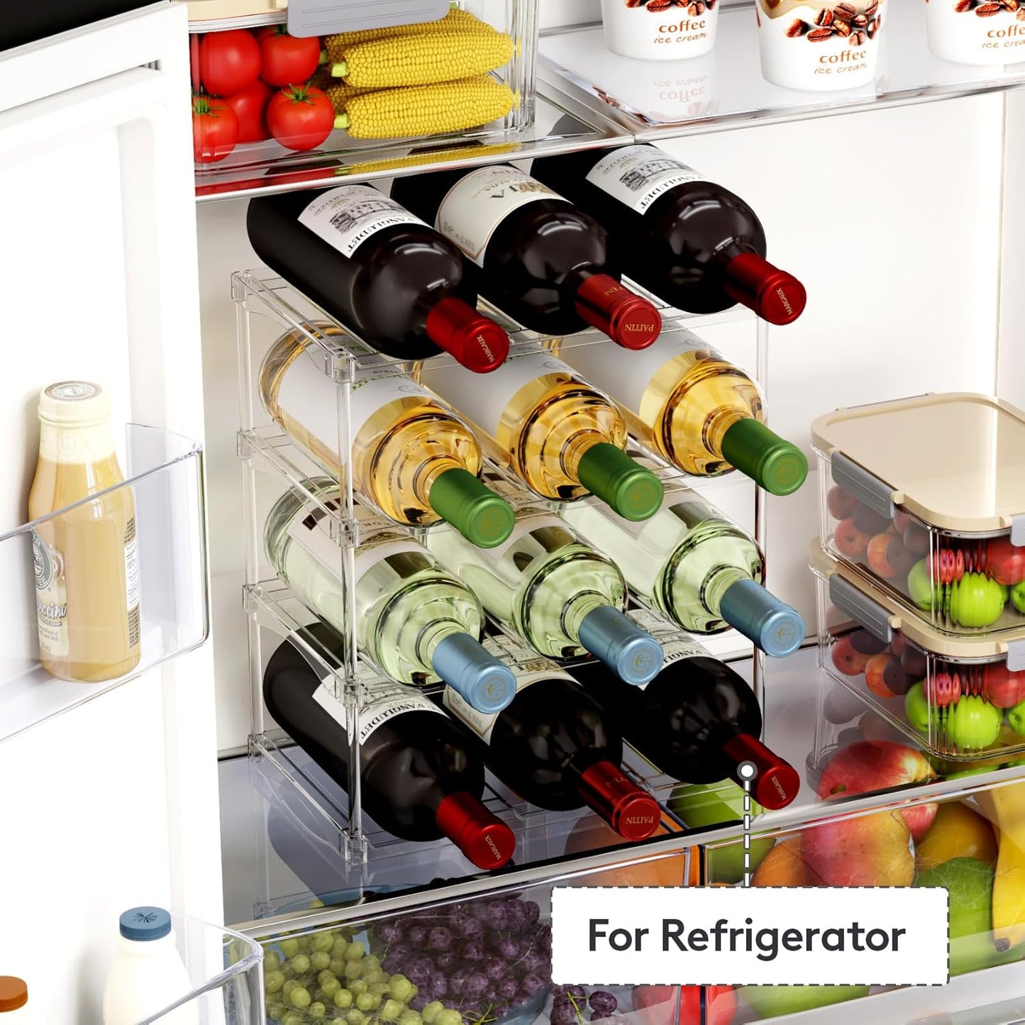 Lifewit Stackable Water Bottle Storage Organizer, Clear Freestanding Wine Bottle Holder for Cabinet, Tumbler Cup Organizer, Plastic Large Compartment Wine Rack for Fridge Cellar, 3Tier Hold 12