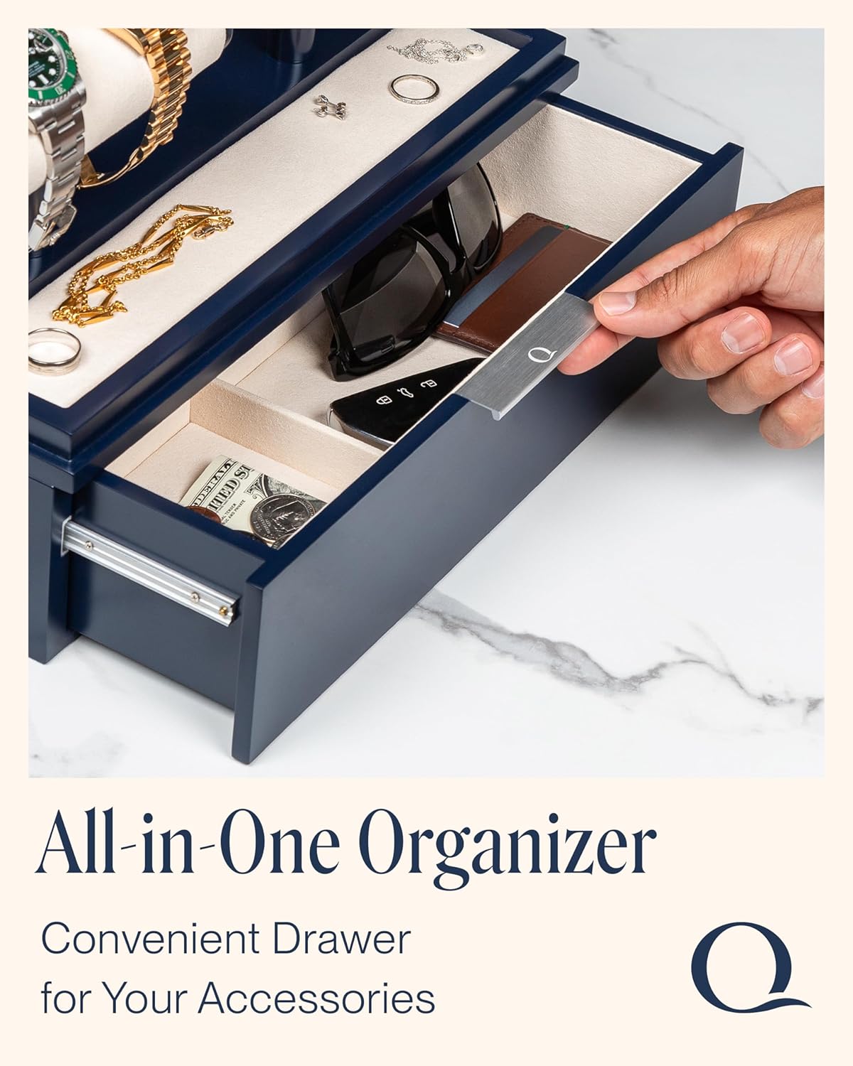 QWATCH Watch Stand Display Case - Acrylic Watch Box for 2 or 4 Watches with Jewelry Valet Tray and Drawer