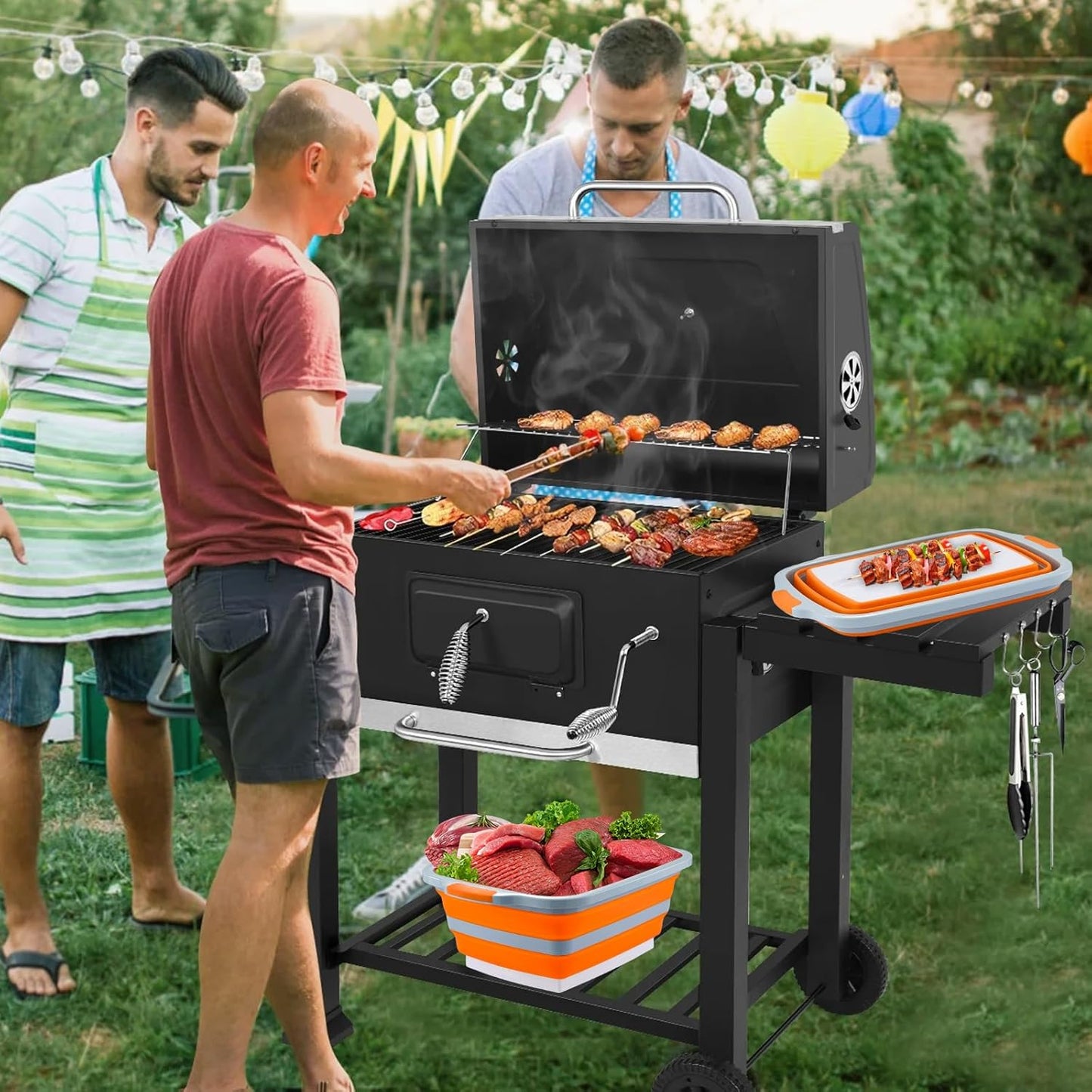 Collapsible BBQ Prep Tub with Cutting Board - 7.95 Gal/30L Food-Grade Container - BPA-Free, Space-Saving w/Lid & Drain Hole - for Grilling, Camping, Offset Smoker (Orange)