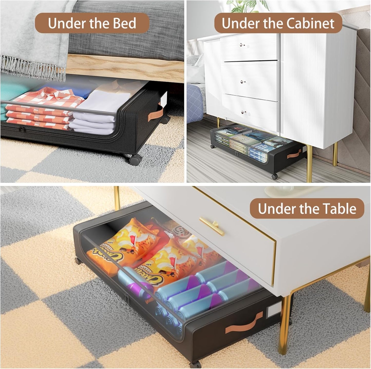 Under Bed Storage with Wheels, UnderBed Storage Containers with Clear Lid and Handles, Under the Bed Storage Bins Drawers for Clothes,Blankets,Shoes,Books (BLACK, 2 PACK)