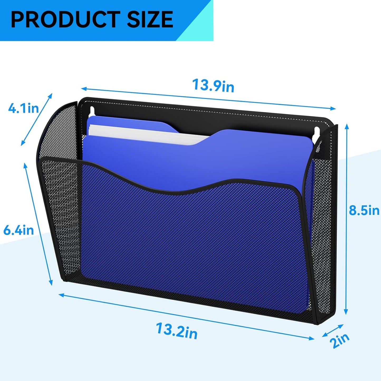 Single Pocket Wall File Holder, Mesh Hanging File Folder Paper Organizer, Vertical Wall Mounted Mail Basket, Storage Organization Magazine Rack for Office, Home and School, Black