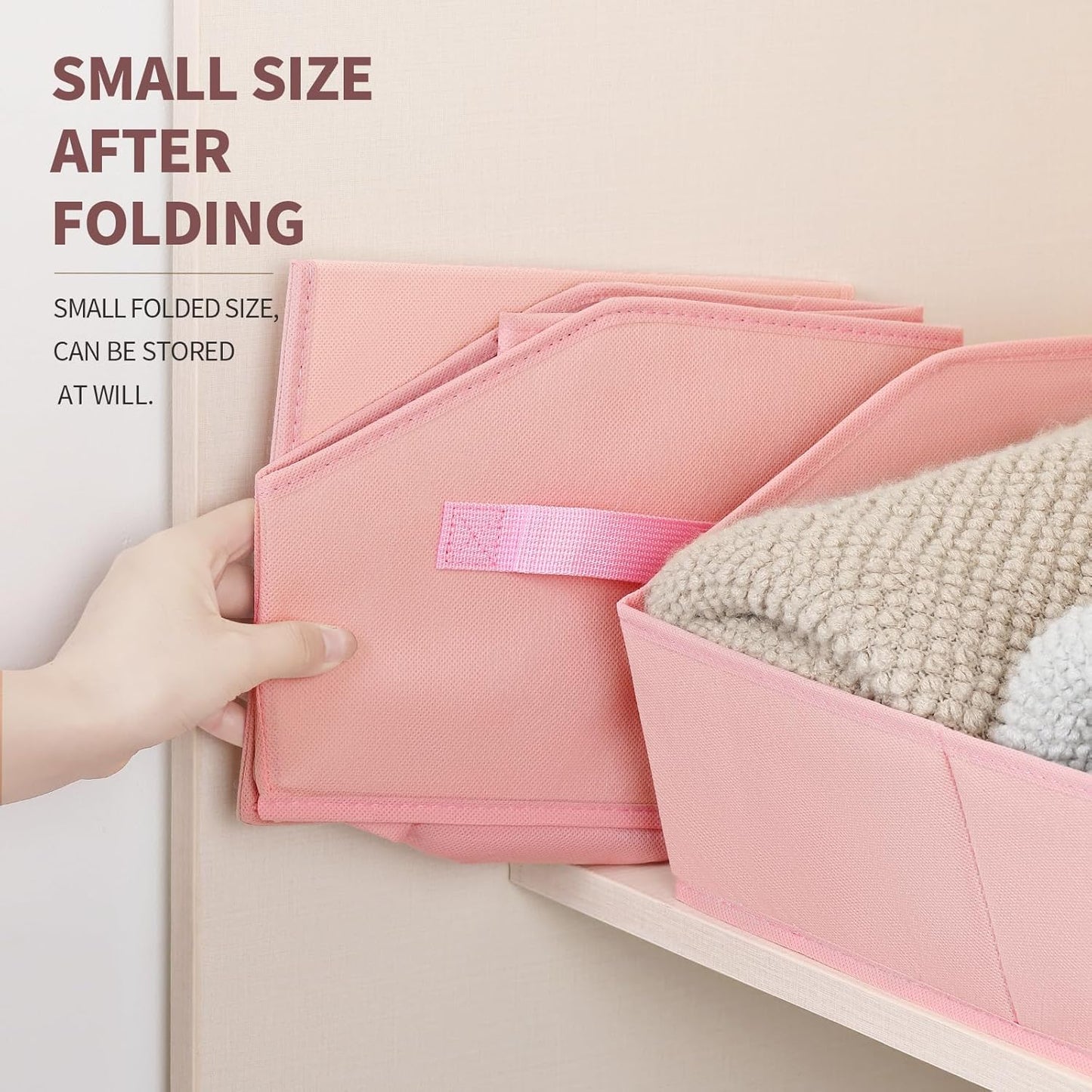Storage Bins for Shelves - Small Trapezoid Closet Shelf Organizer, Fabric Organization Bins with Handles, Storage Baskets for Clothes, Towel, Purse, 6 Pack, Pink
