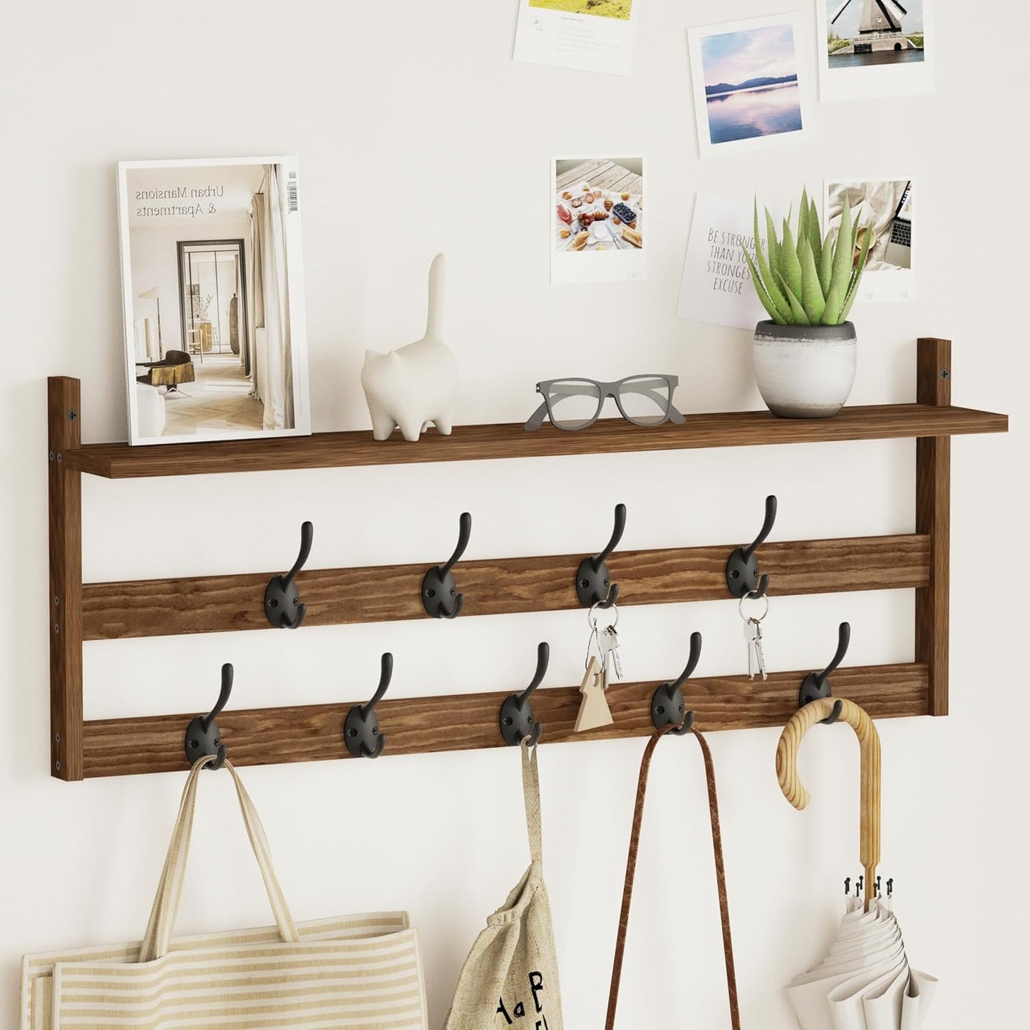 AMBIRD Coat Rack Wall Mount with Shelf, 29" Coat Hooks Wall Mounted with 9 Metal Hooks for Entryway, Bathroom, Bedroom, Living Room, Kitchen, 2 Tier Wall Hooks for Clothes, Hat, Towel, Key, Purse
