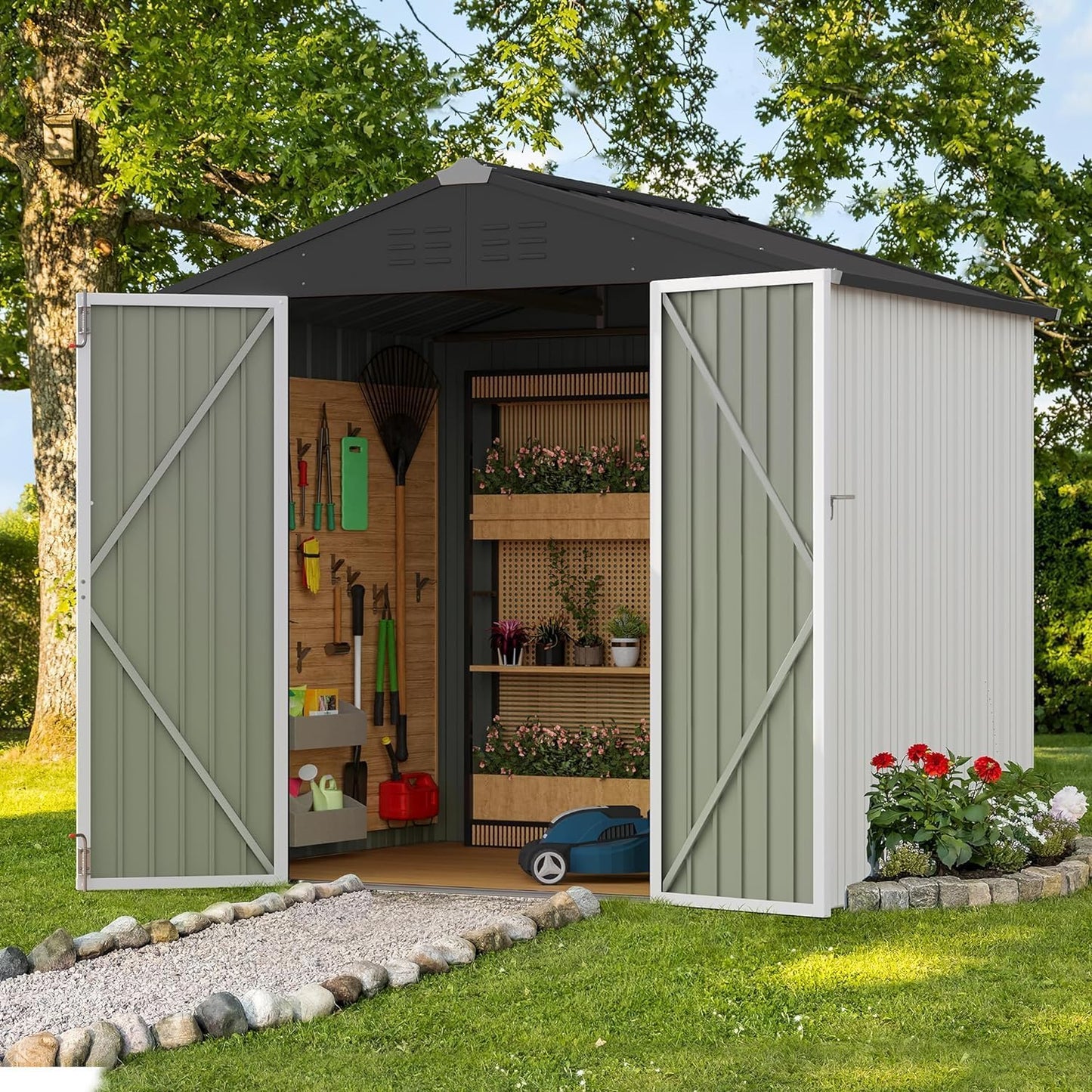 Furniwell 6x8 FT Outdoor Storage Shed, Metal Garden Sheds Outdoor Storage House with Single Lockable Door for Backyard Patio Lawn, White