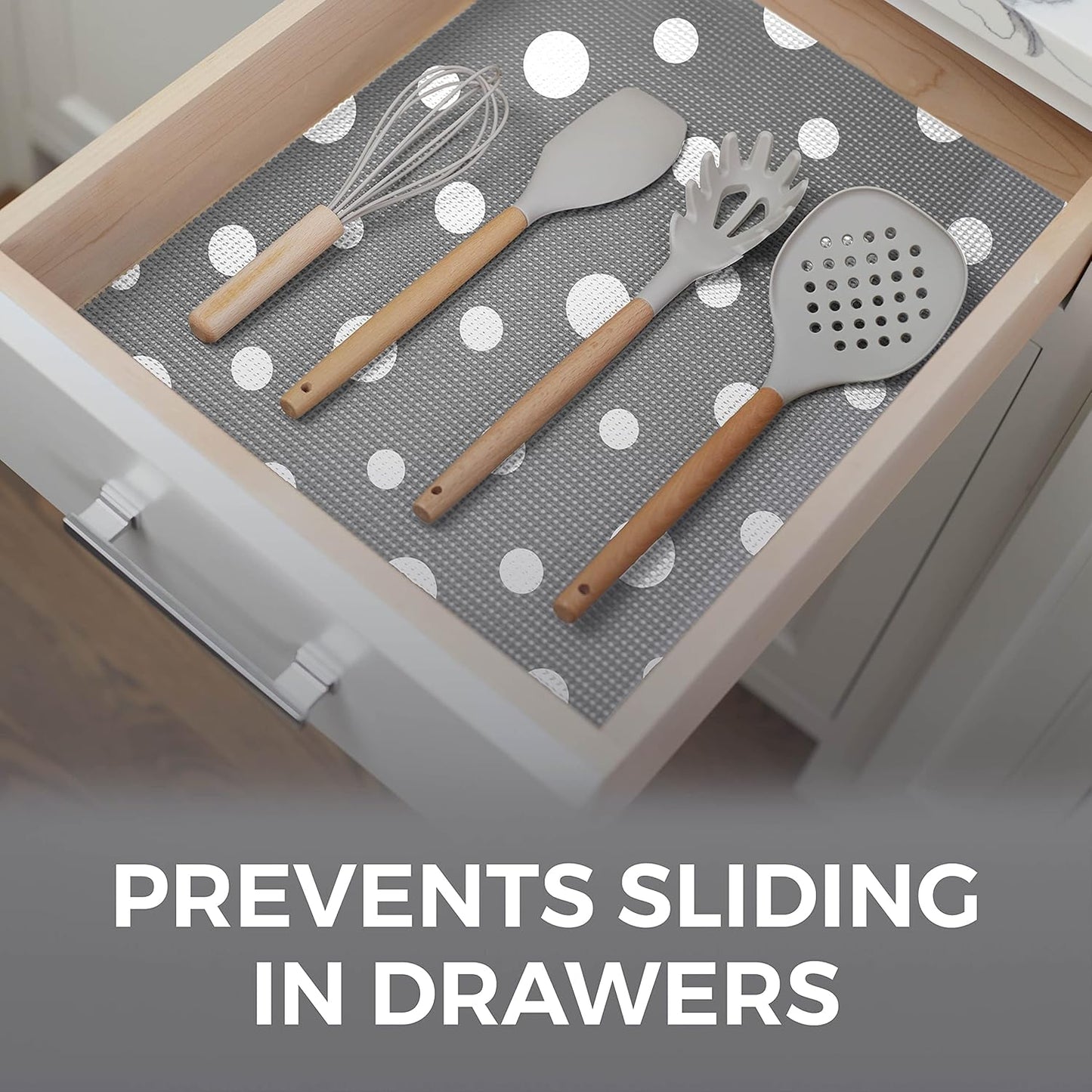 HOME GENIE Shelf Drawer and Cabinet Liner, Durable with Strong Grip, 20 in x 20 FT, Non Adhesive Liners Protect Kitchen Cabinets and Cupboard, Bathroom Drawers and Shelves, Desks, Dots Gray White