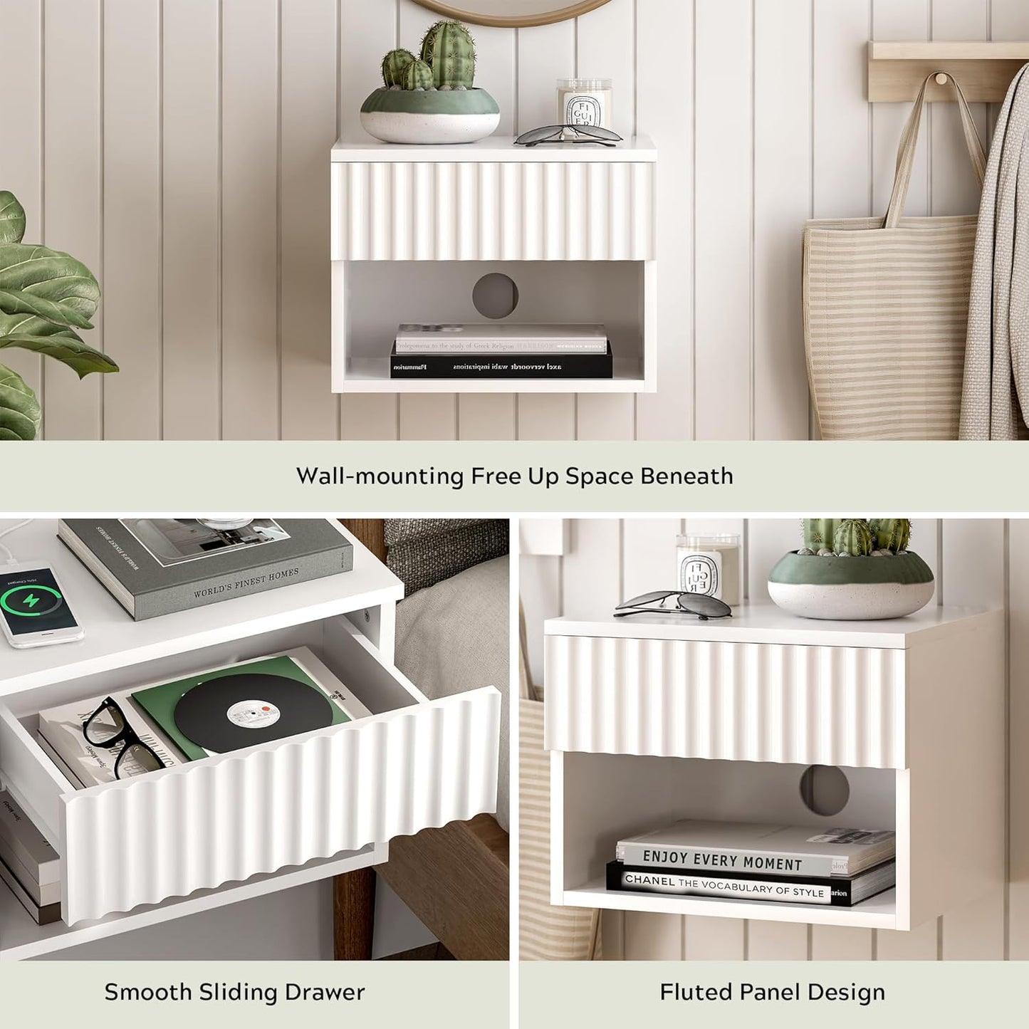 Fluted Floating Nightstand Set of 2 with Drawer, Modern Night Stand with Fluted Door and Open Storage Shelf Wall Mounted Bedside Table for Bedroom, Entryway White