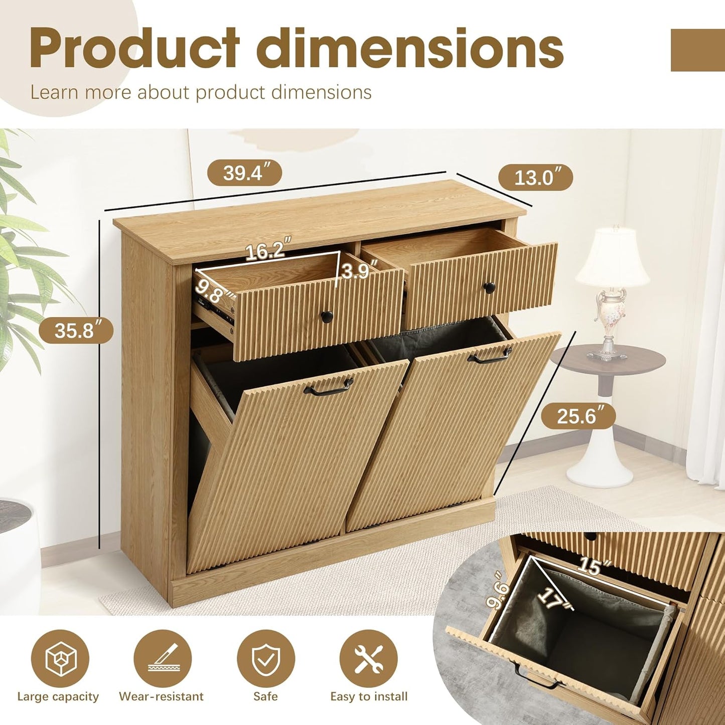 Grepatio Tilt Out Fluted Laundry Hamper Cabinet, 22 Gallon Double Hidden Laundry Hamper, Wooden Trash Can Cabinets with 2 Drawers, Modern Garbage Can Cabinet for Bathroom, Kitchen (Natural, Double)