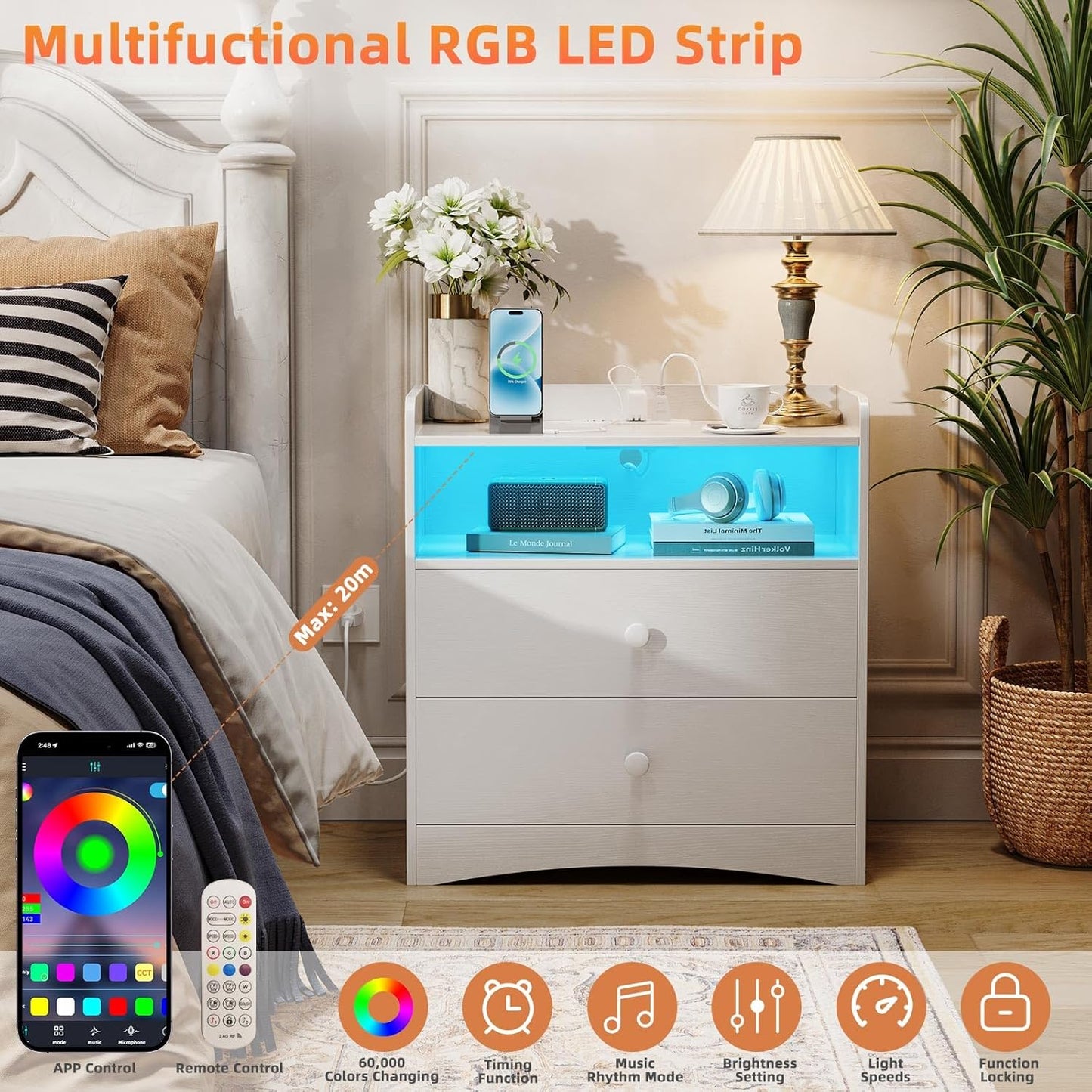 2 Pack Nightstand with Charging Station and LED Light, Modern Nightstand with USB Ports and Outlets, Wood Bedside Table with 2 Storage Drawers, Small Dresser for Bedroom Small Space, White