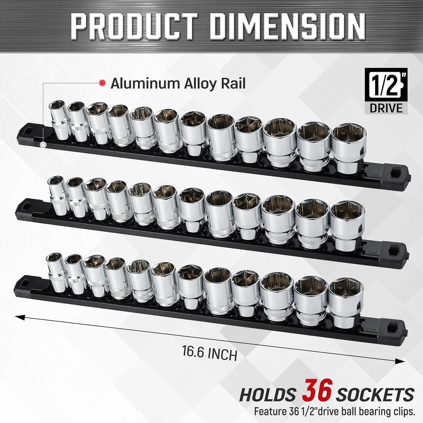 ALOANES 3-Piece Magnetic Socket Organizer, Heavy Duty Aluminum Socket Rails Organizer, 360° Swivel Clips Socket Holder Kit for Tool Box, 1/2-Inch Socket Holder x 36 Clips (Black)