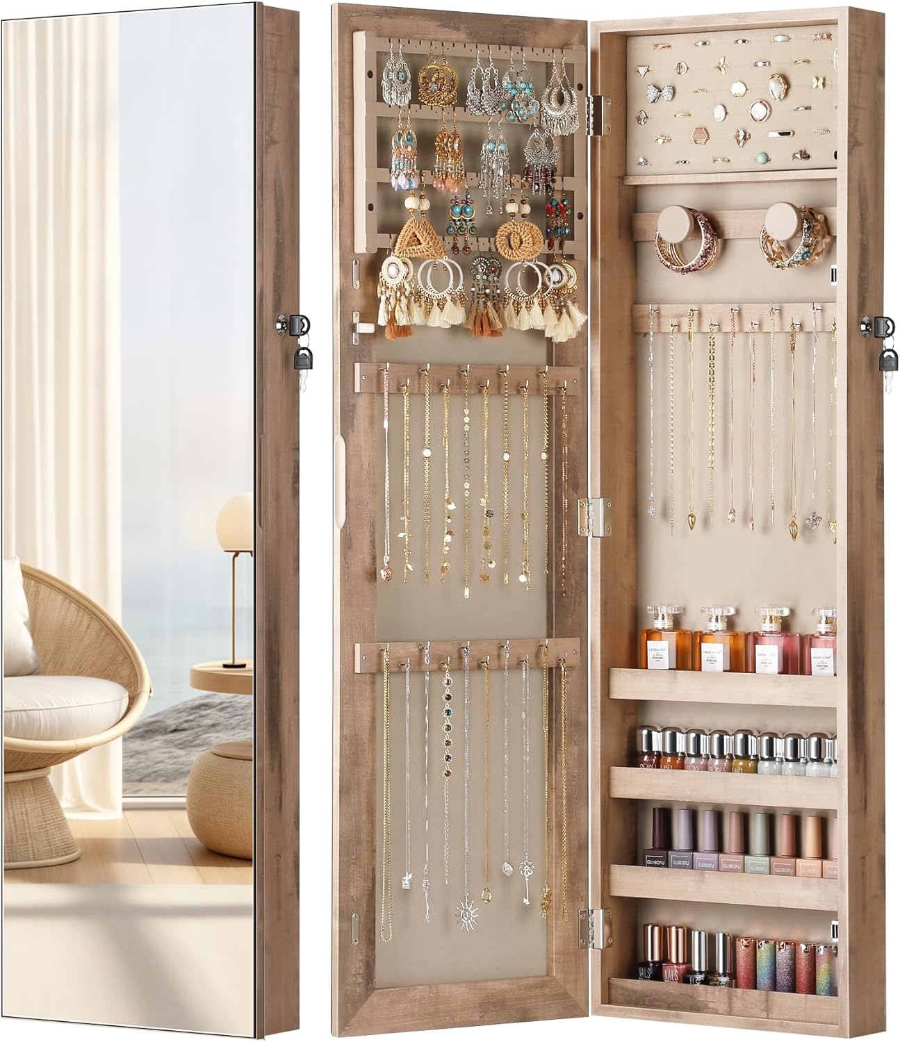 Nicetree Mirror Jewelry Cabinet, Jewelry Armoire with Full Length Mirror,Mirror with Jewelry Storage Wall/Door Mounted, Lockable Jewelry Armoire Organizer,Toasted Oak
