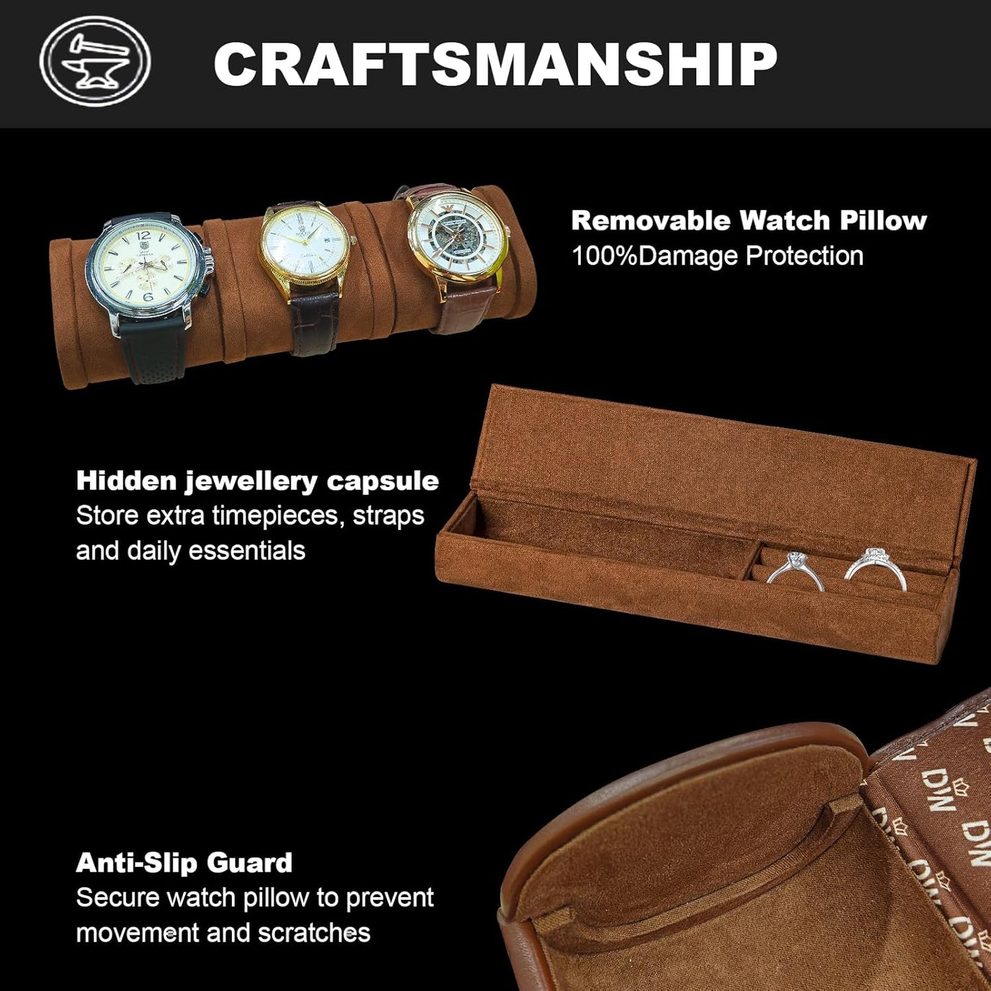 DUKWIN Watch Roll for 3 Watches, Vegan Leather Travel Watch Case Organizer with Removable Pillows for Men and Women,Display Case for Watches Collection and Gift for Anniversary Birthday(Brown Storage)