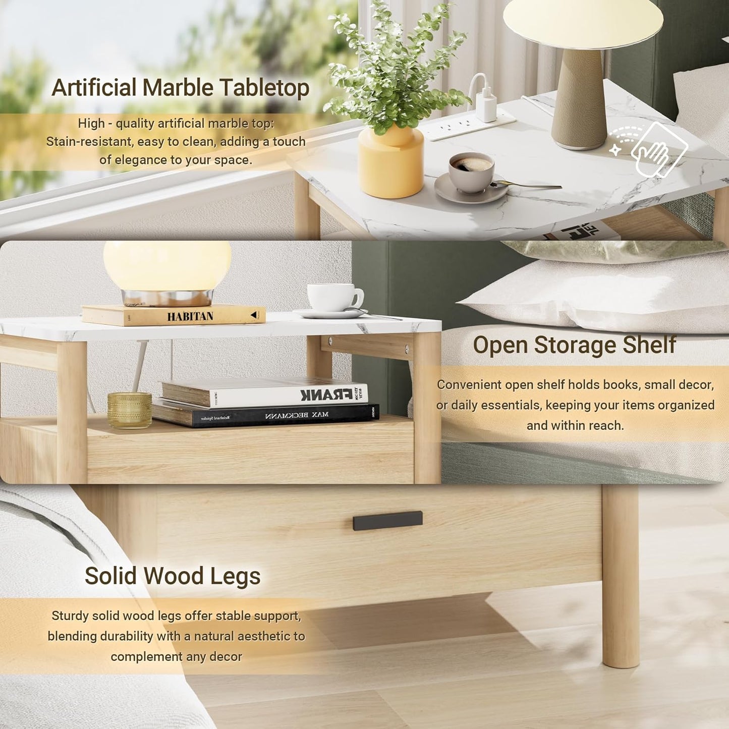 Night Stand Set of 2 with Charging Station, 24" Large Modern Nightstand with Faux Marble Top, 2 Drawers End Table with Solid Round Post Legs&Open Shelf, for Bedroom, Natural Oak