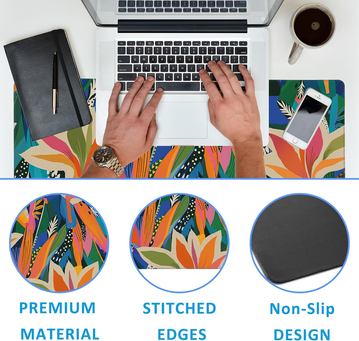 Colorful Tropical Floral Large Gaming Mouse Pad,Waterproof Desk Mat for Desktop,Non-Slip Rubber Base Mousepad with Stitched Edges for Laptop Office and Home 35.4X15.7 Inch