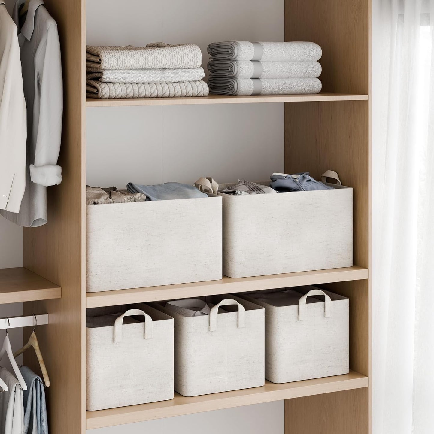 StorageWorks Storage Bins, Shelves Baskets for Organizing, 45L Extra Large Fabric Closet Organizers with Handles, Metal Frame, Beige（Cotton-linen）, 2-Pack