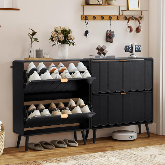 Shoe Storage Cabinet for Entryway with 2 Flip Drawers Set of 2, Freestanding Narrow Wood Shoe Cabinet with Wave Panel, Hidden Shoe Organizer for Foyer, Hallway (Black)
