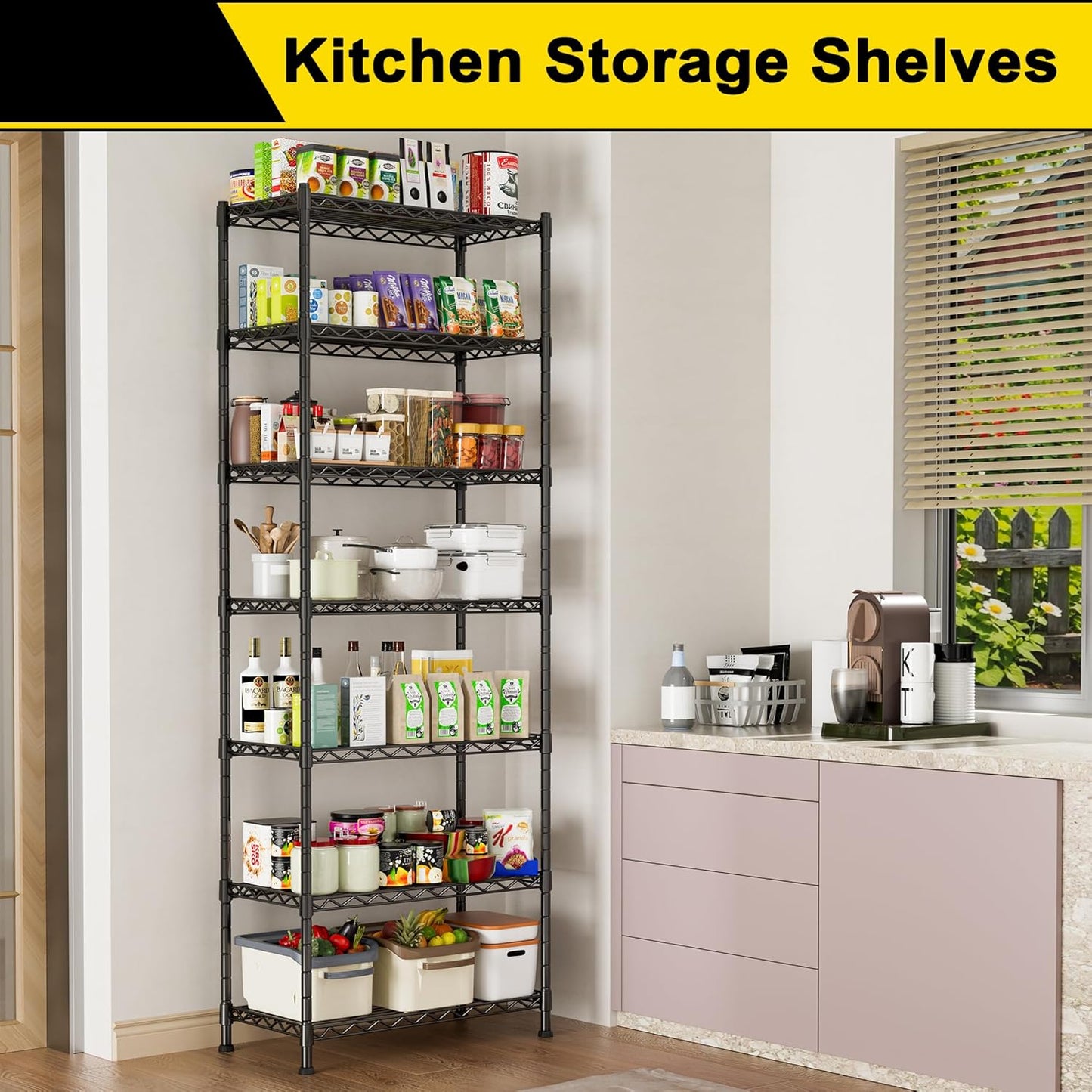 GIOTORENT 7-Wire Garage Shelving Storage Shelves, Kitchen Storage Adjustable Shelf, Metal Shelves 1400Lbs Capacity 24" W x 14" D x 71.6" H for Laundry Bathroom Pantry Closet, Black