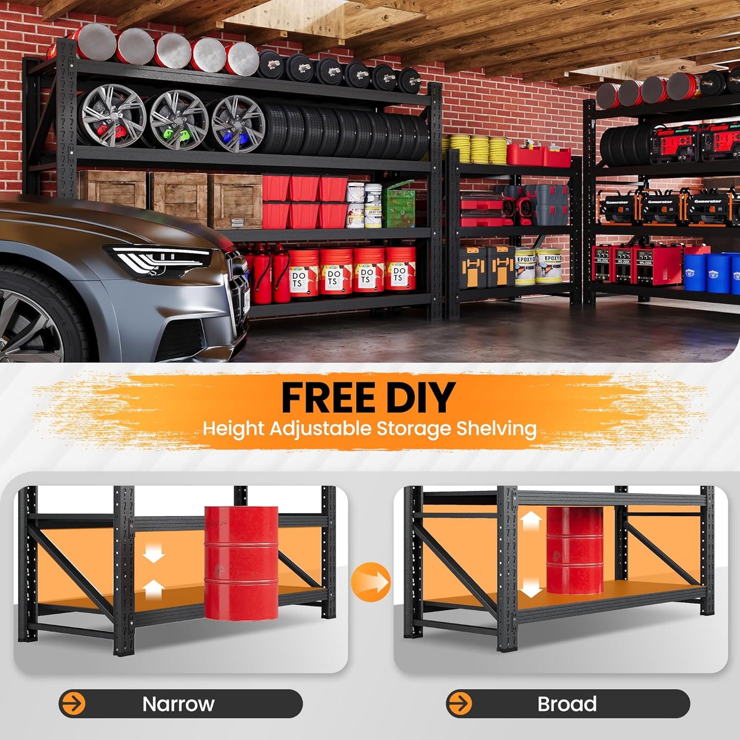 60"W Metal Shelving Units, 5000LBS Garage Shelving Heavy Duty, 24" Deep Large Storage Shelves, 4 Tier Tall Steel Industrial Shelving , Adjustable Standing Shelf for Warehouse / Shop 60"W x 24"D x 70"H