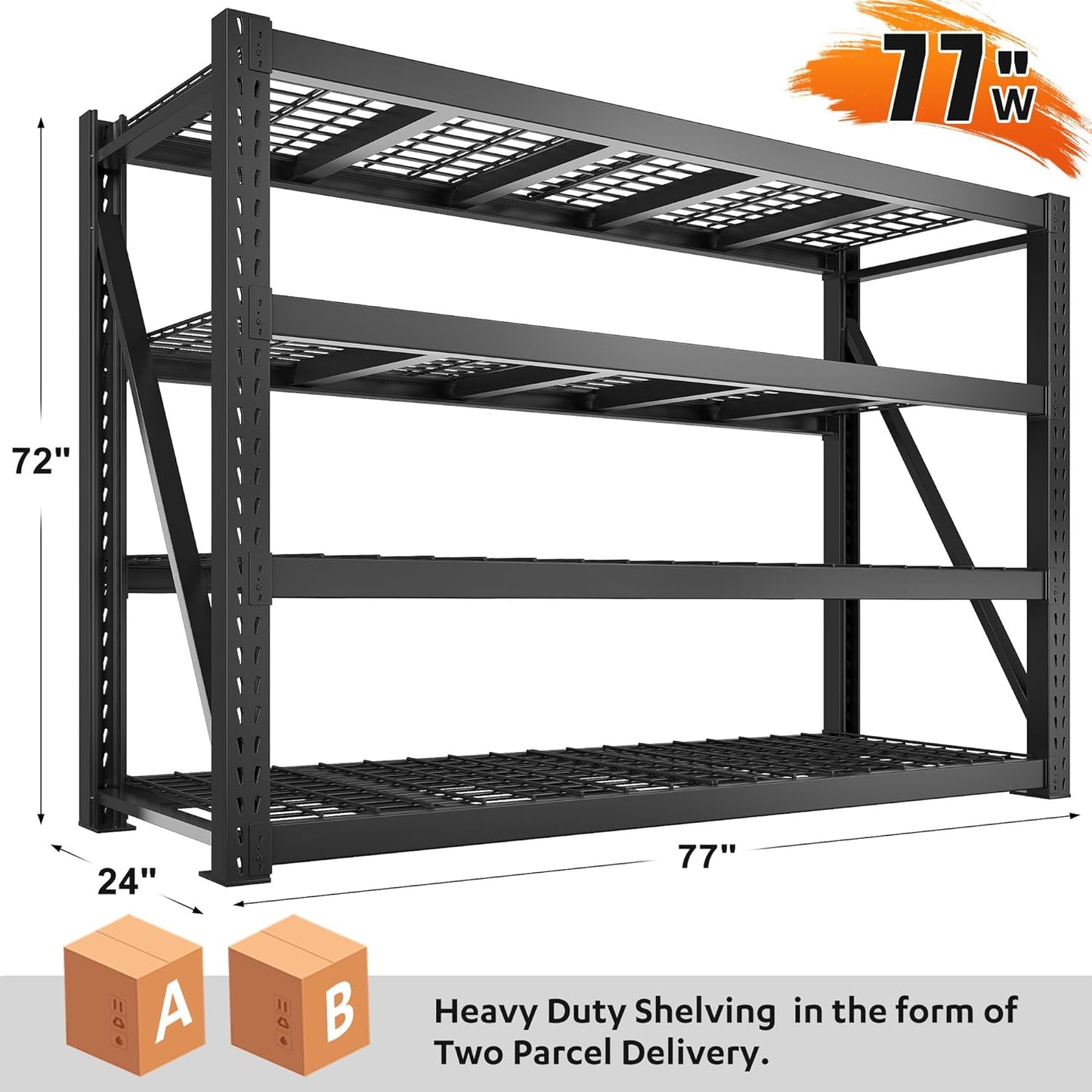 Bepatio 8000LBS Garage Shelving Heavy Duty,77" W Storage Shelves 4 Tier Adjustable Shelves,Metal Shelving Unit, Industrial Storage Shelving for Basement Warehouse Commercial,77" W*24" D*72”H,Black