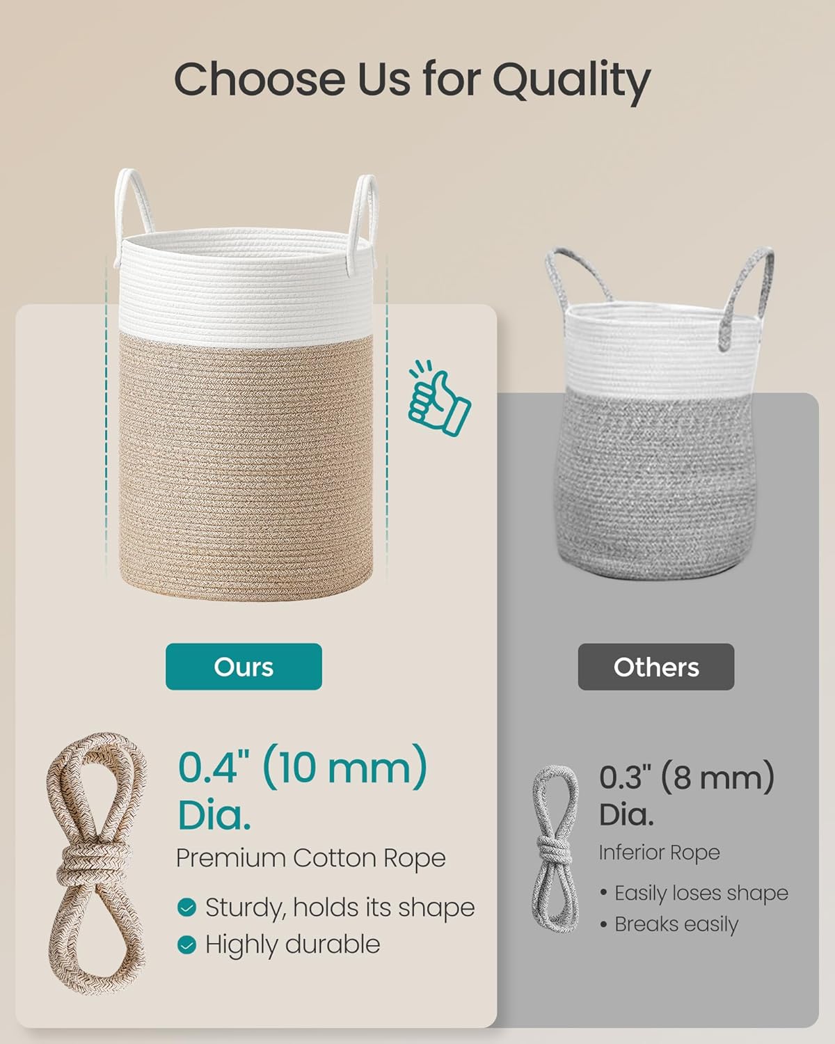 SONGMICS Laundry Hamper, Cotton Rope Laundry Basket with Handles, for Children, Toys, Clothing, Living Room, Bedroom, 15.8 Gallons, 13.8 x 13.8 x 19.7 Inches, White and Grayish Brown URLH061LZ01