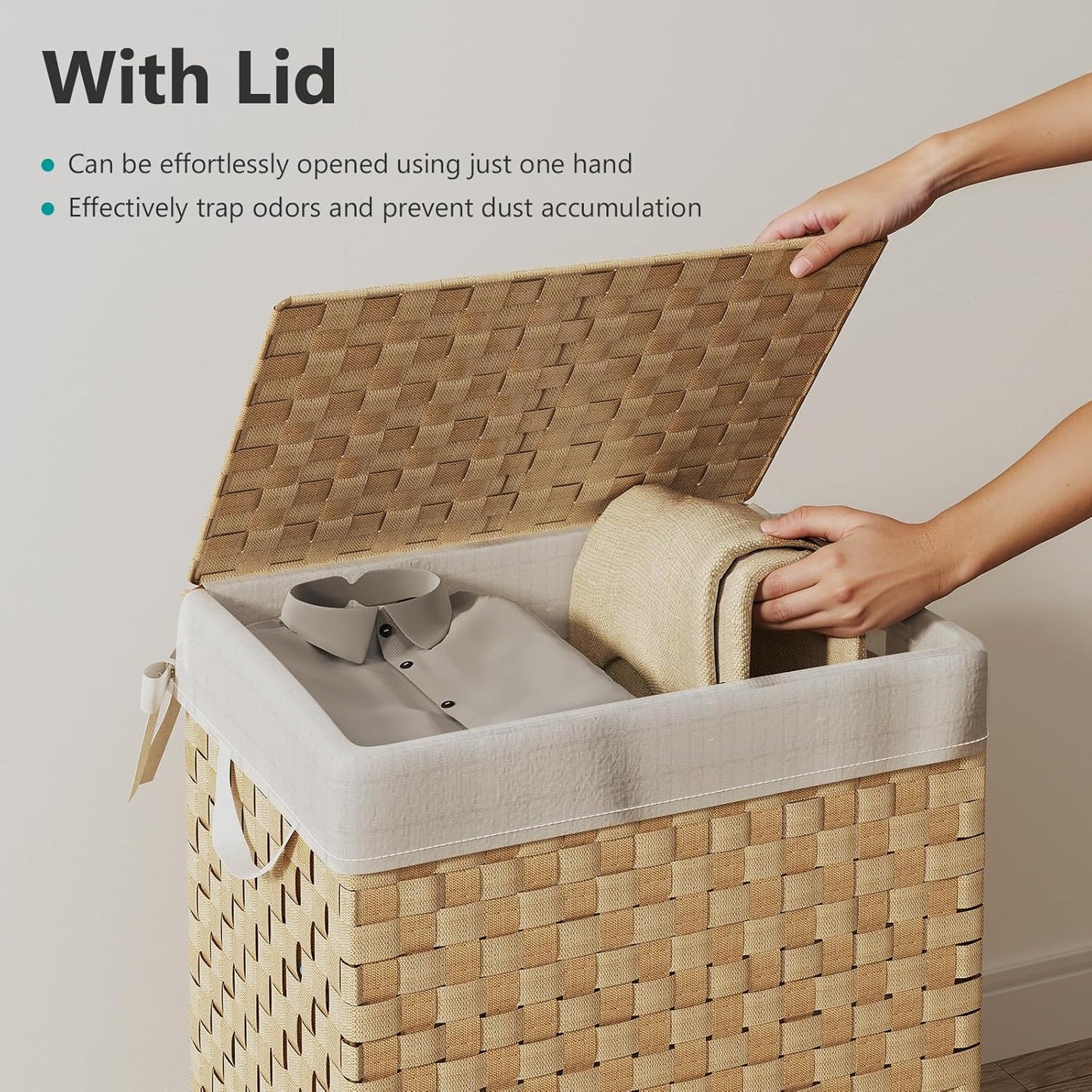 Foldable Laundry Hamper Basket with Lid by Fiona's magic, Handwoven 96L Large Clothes Hamper with Removable Liner Bags, Collapsible Tall Hamper for Bedroom, Bathroom and Dorm Organizer, 2Pack, Natural